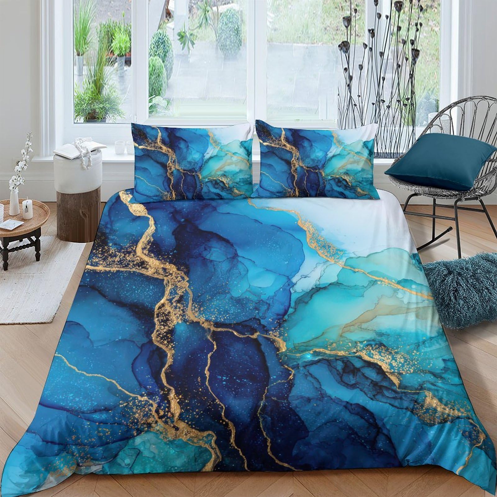 Ctjqhvkz Style-6 3D Printed Marble Blue Fitted Sheet Microfiber Soft Breathable Gold Vein Bed Cover For Bedroom Dorm Decor Single（135X200cm）