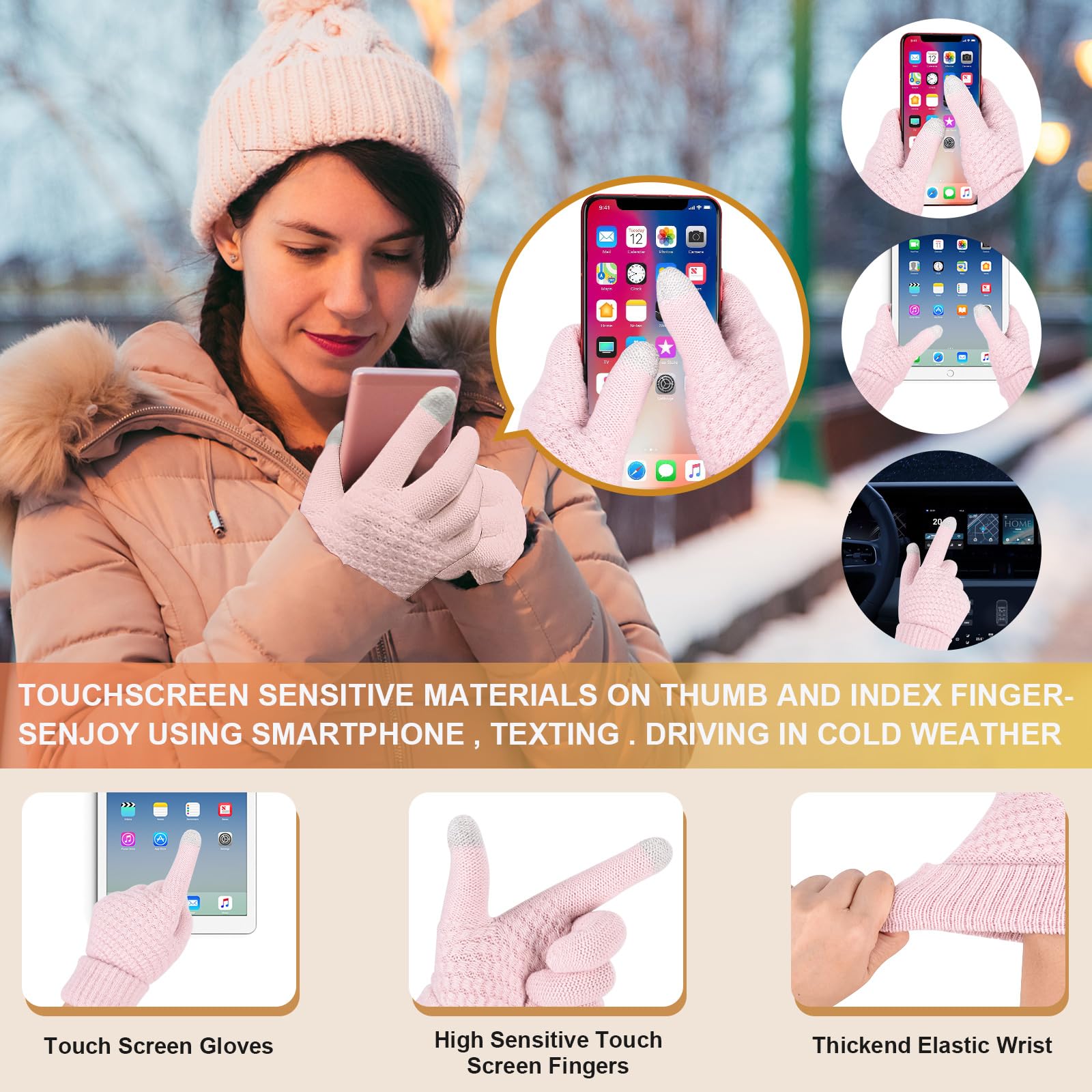 Voqeen Juego de 5 Piezas de Gorro y Bufanda de Punto Guantes de Pantalla táctil Guantes Orejeras de Felpa de Invierno Calcetines térmicos para Gorro de esquí Deportes al Aire Libre