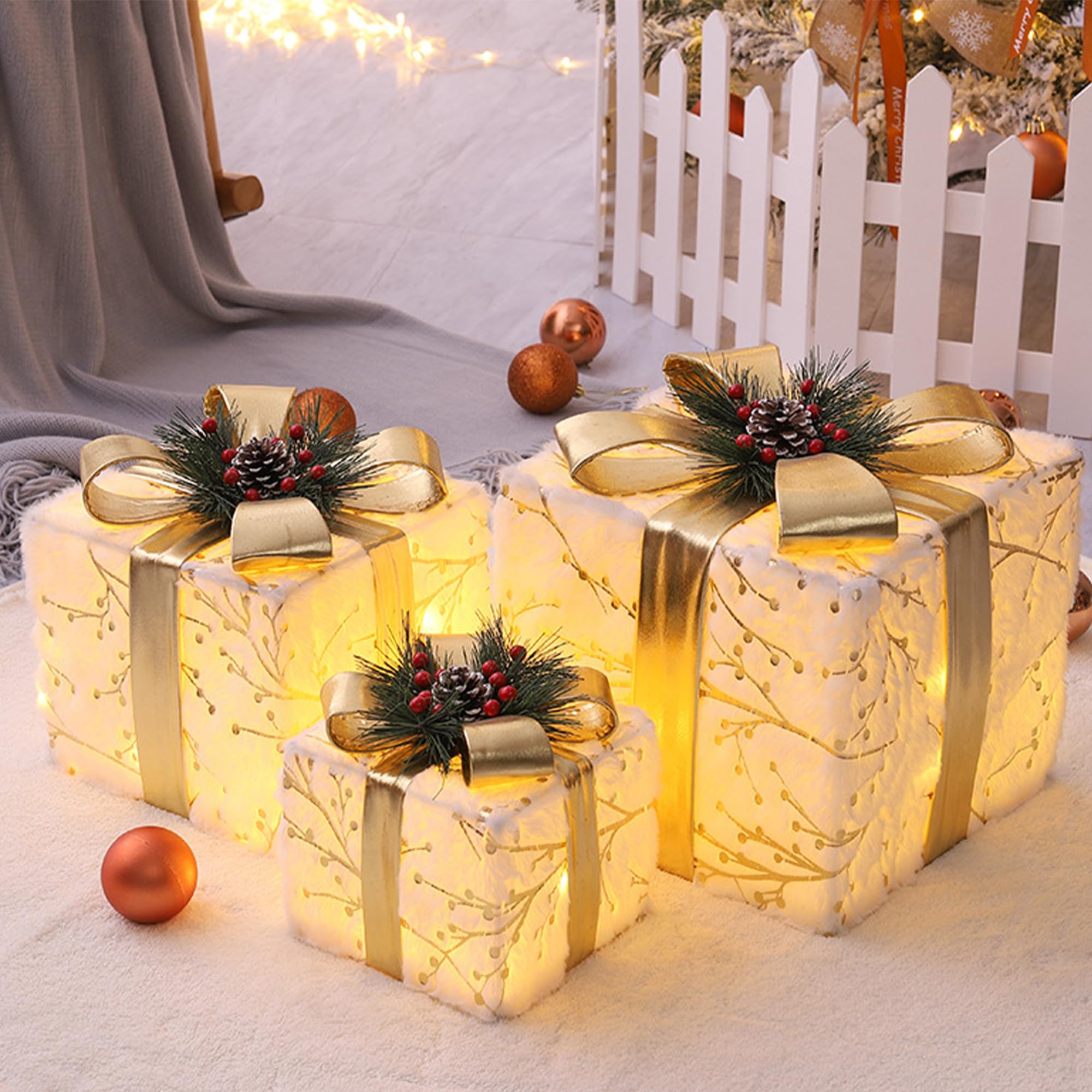 DXIA Set of 3 Light Up Box, Large Boxes with Lids and Decorative Bow Embellishment, Christmas Box for Cabinets, Exhibition Halls, Hotels, and Home Decoration, Gold