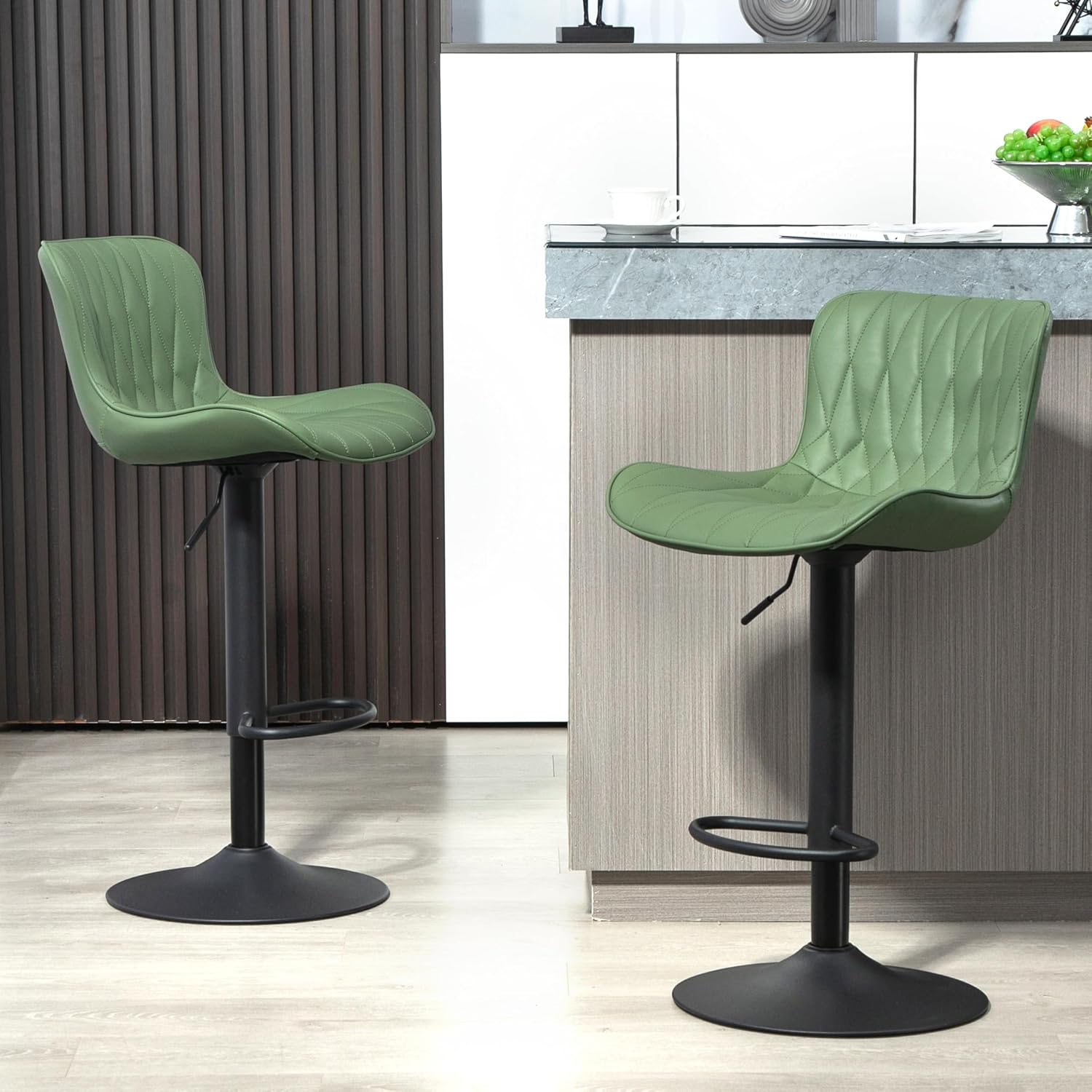 Finnhomy Bar Stools Set of 2, Modern 360° Swivel Faux Leather Bar Stools, 24"-32.5" Seat Height with Back, 330 lbs Capacity, SGS Gas Lift, Upholstered Kitchen Chairs for Kitchen Island, Green