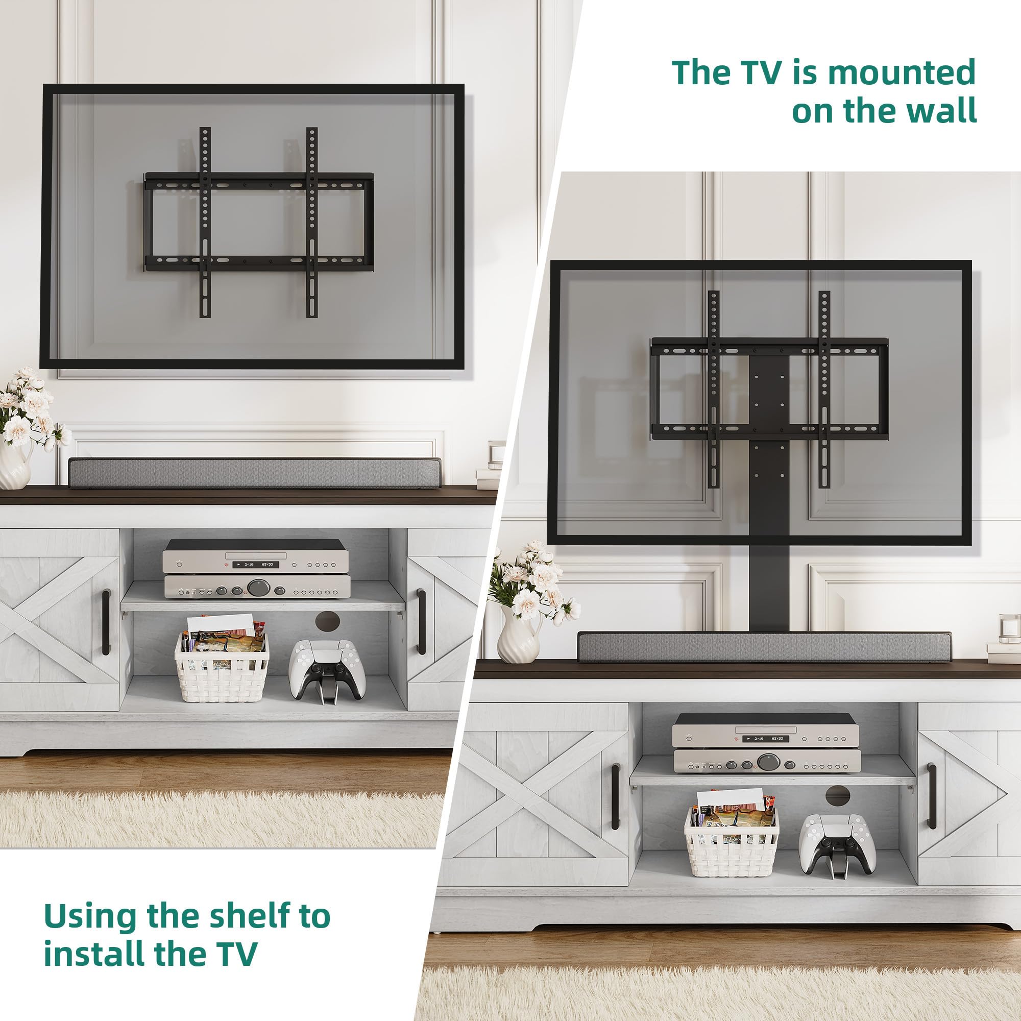 YITAHOME TV Stand with Mount for Living Room, Farmhouse TV Stand for 70 inch TV Entertainment Center, Media Console with Height Adjustable Mount, Grey White & Espresso