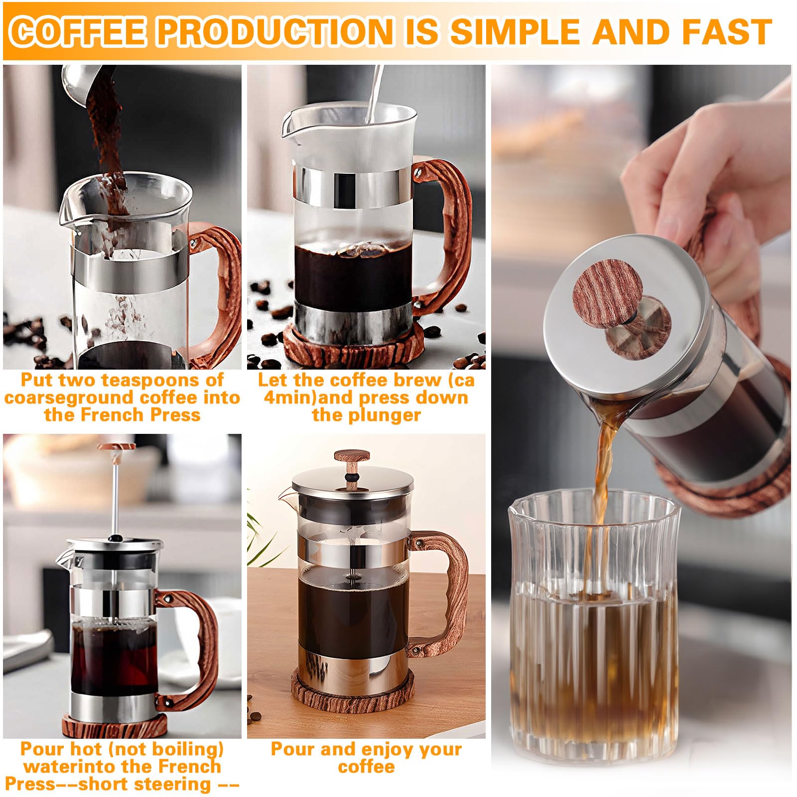 Cafetière à Piston, 1000ML Français Presse Café en Verre, Cafetière à Presse Française, Verre Résistant à La Chaleur Avec Boîtier en Acier Inoxydable et Filtrants Faciles à Nettoyer
