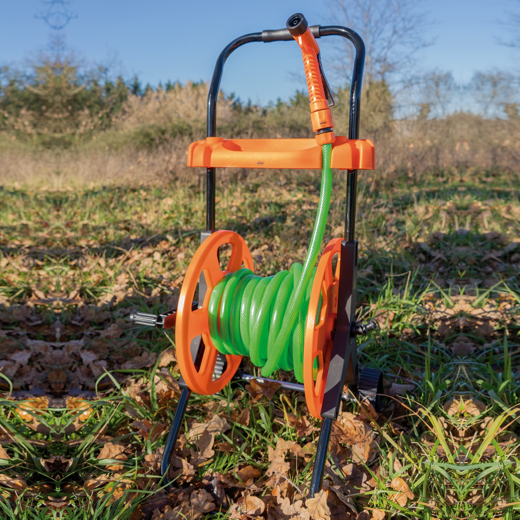 Dévidoir De Tuyau Manuel AMIG 1/2", Jusqu'à 60 M - Avec Accessoires D'irrigation, Orange/gris
