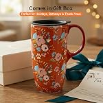 17oz Mug de voyage en céramique avec couvercle, Boho tasse à café florale avec poignée, micro-ondes & Lave-vaisselle, Grande coupe de voyage en céramique, Boîte cadeau incluse