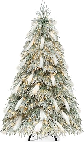 Miniatura 17 de YITAHOME Árbol de Navidad artificial preiluminado con nieve de 6 pies con control remoto, árbol de abeto canaan artificial con bisagras con 1225