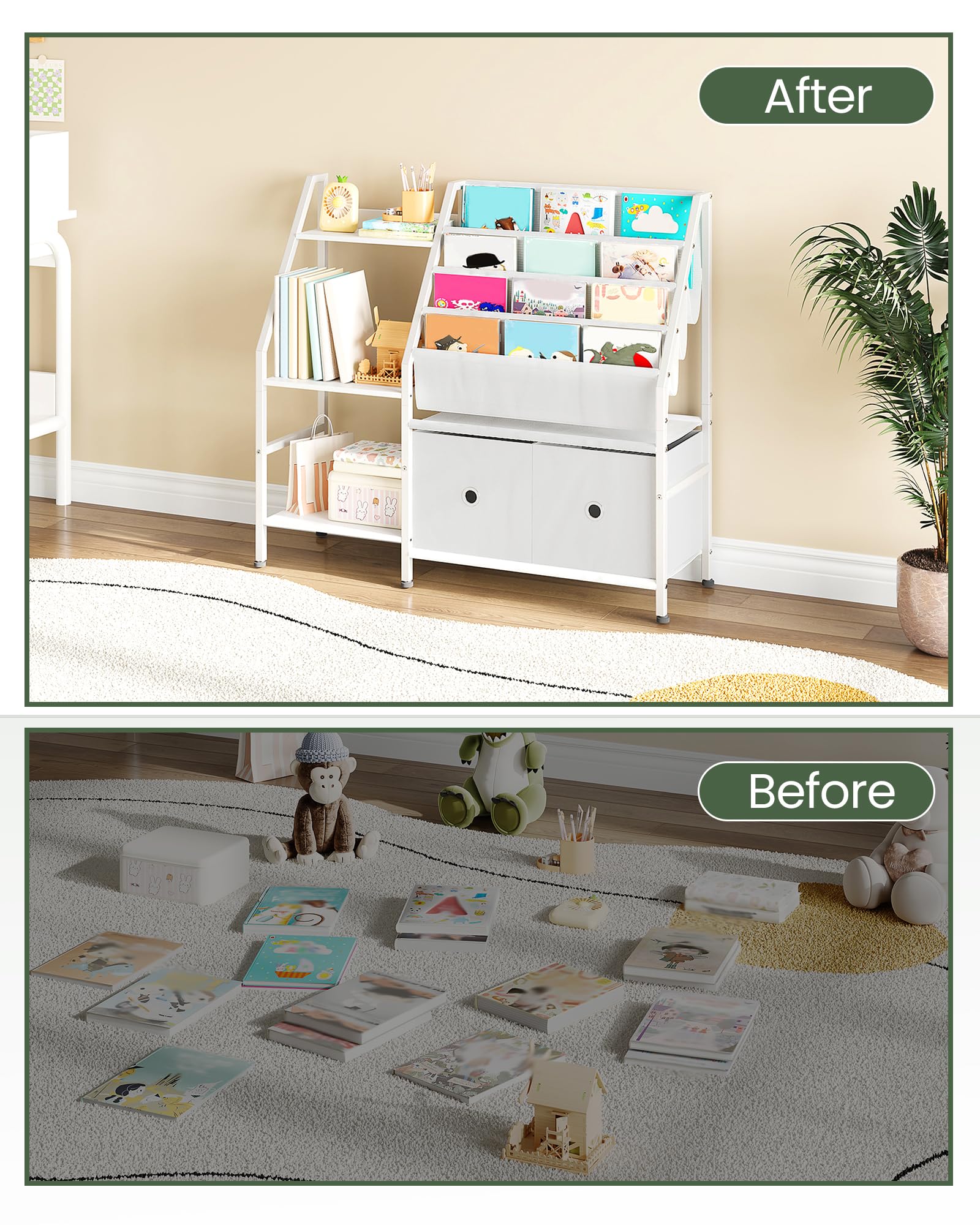 CHOEZON Bücherregal Kinder, Kinderregal, Kinderspielzeug Regal, Spielzeug Aufbewahrung mit 4 Hängetaschen, 3 Ablagen und 2 Boxen, für Spielzimmer, Kinderzimmer, Klassenzimmer, Weiß DTCW10WB