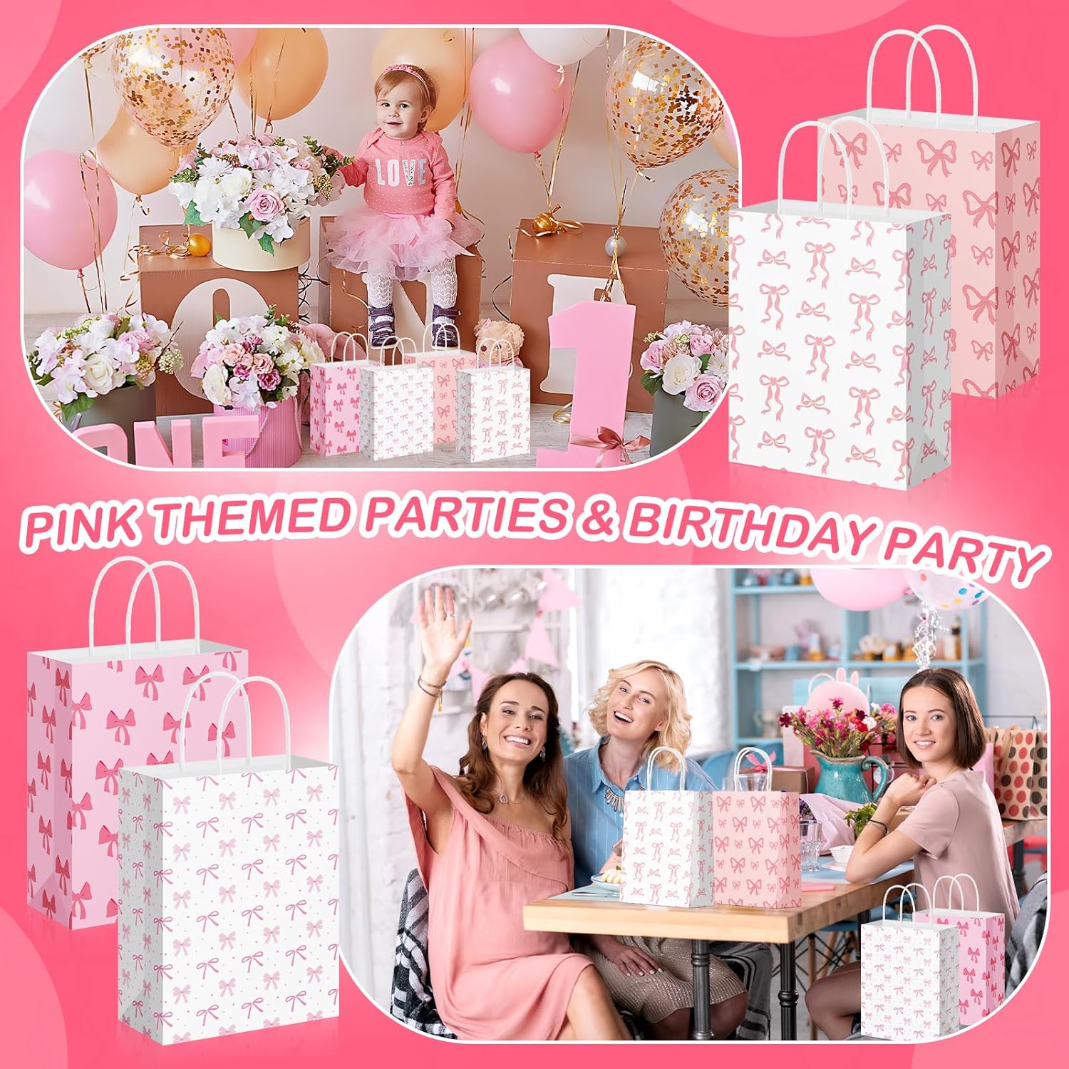 Geyoga 24 Pcs Valentines Pink Bow Paper Gift Bags Pink Party Favor Coquette Goodie Candy Bags with Handle for Bestie Best Friends Birthday Wedding Bridal Party Supplies - Image 6