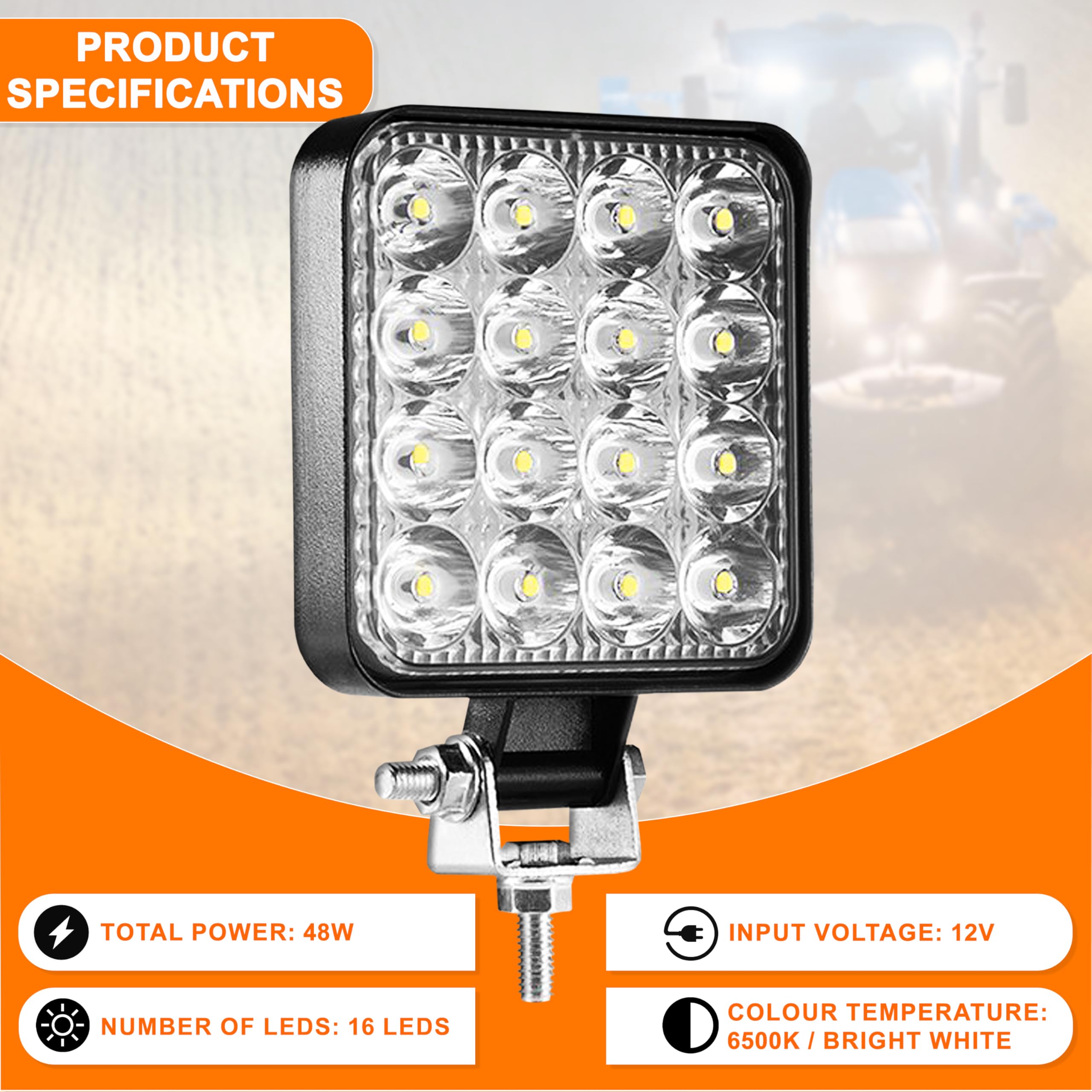 Fari led trattore 12v 24v alluminio abs 48W 16 led 6500K 10.5 cm 4.21"
