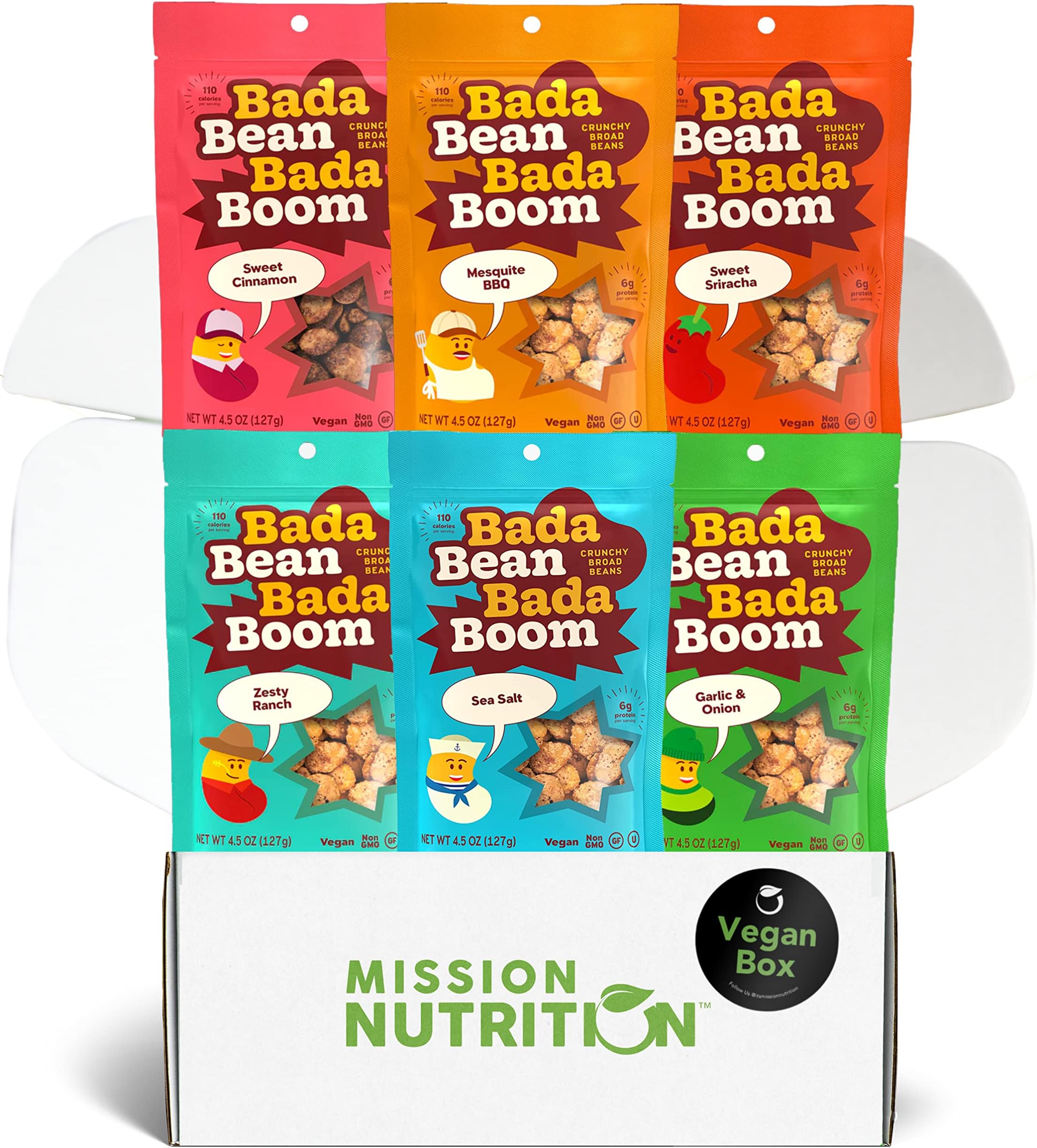 Enlightened Bada Bean Bada Boom - Roasted Broad Fava Bean Snack - Plant-based Protein, Gluten-Free, Vegan, Non-GMO, Soy-Free, Variety Box 4.5oz (5 Pack)