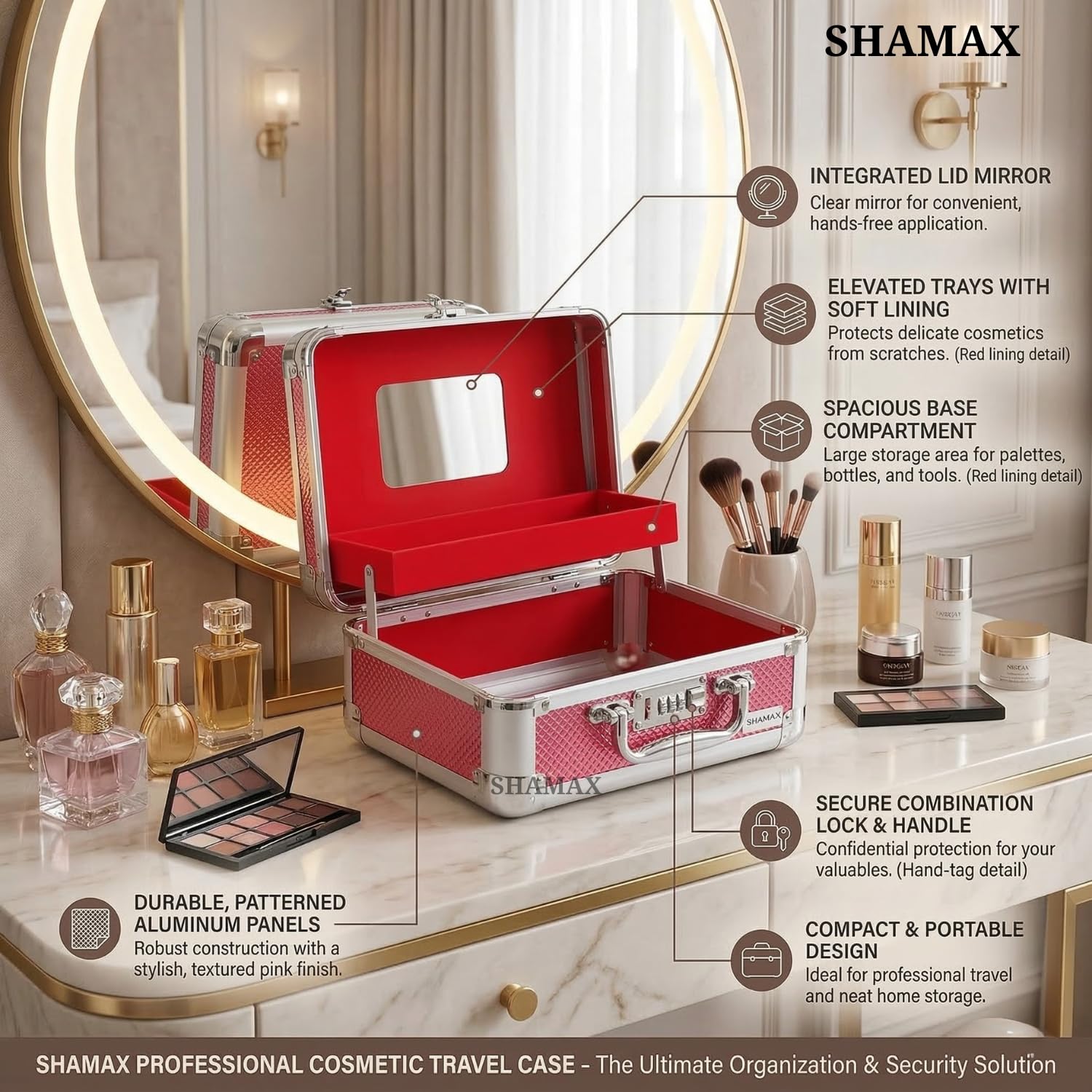 SHAMAX® Hard Shell Cosmetic Organizer Makeup Train Case with Combination Lock and Mirror - Portable Beauty Organizer, Travel-Friendly (29×22×15 cm) Red 1
