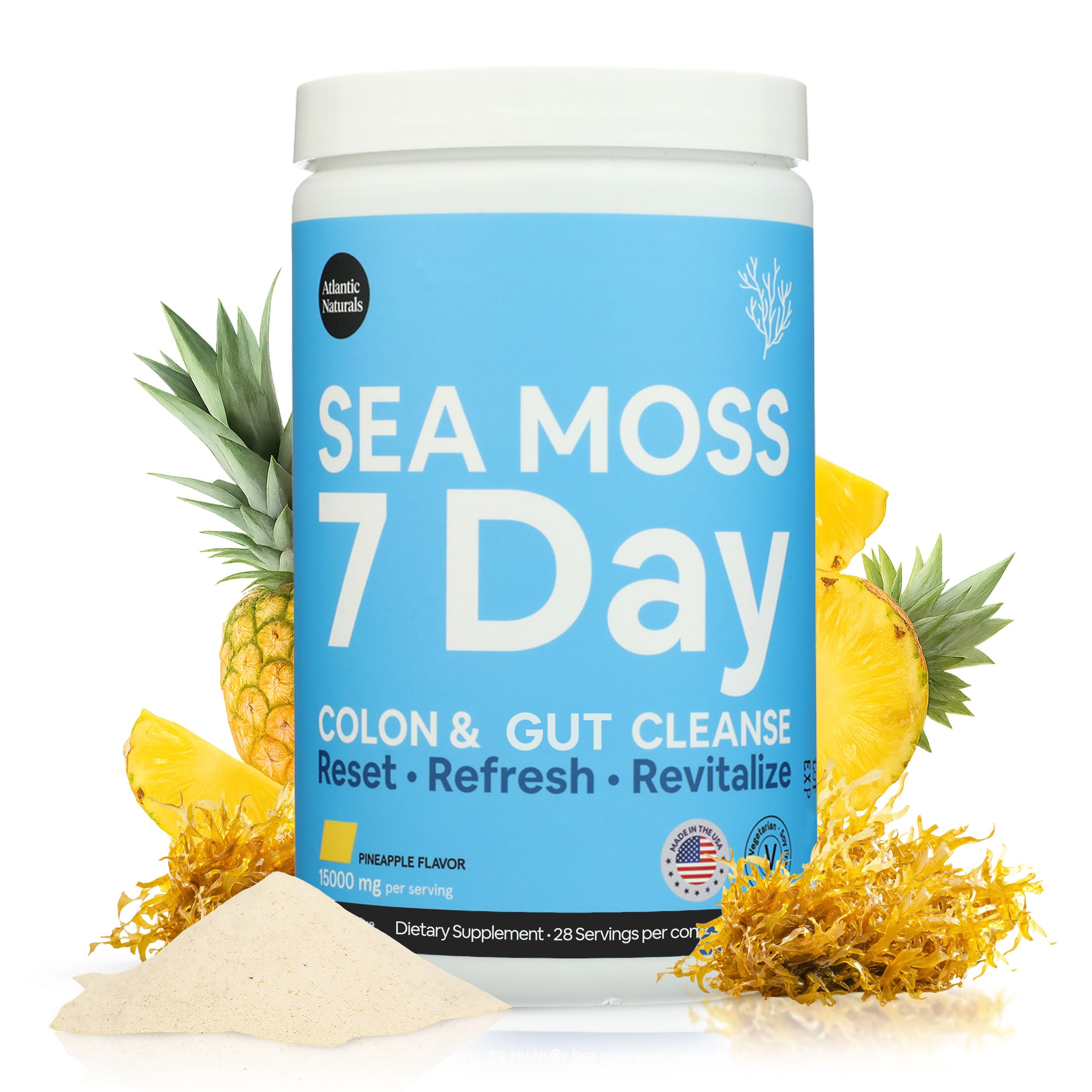 Atlantic Naturals Sea Moss Digestive Support Drink Mix - 7 Day Program with Psyllium Husk, Flaxseed, and MSM - Pineapple Flavor (14 oz)