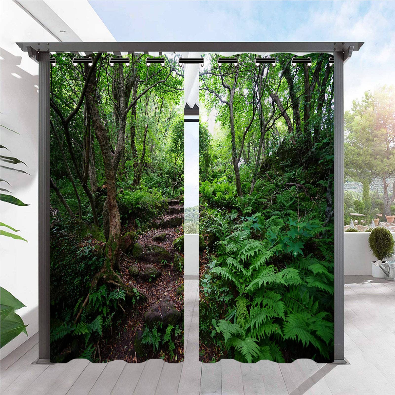 ANHOPE Outdoor Curtains Waterproof Eyelet Ring Top Drapes Tropical Jungle Forest Tree Path Print Pattern Privacy Outside Curtains for Garden Patio Gazebo Pergola Porch Pool 2 Panels 52 x 108 Inch โ image 1
