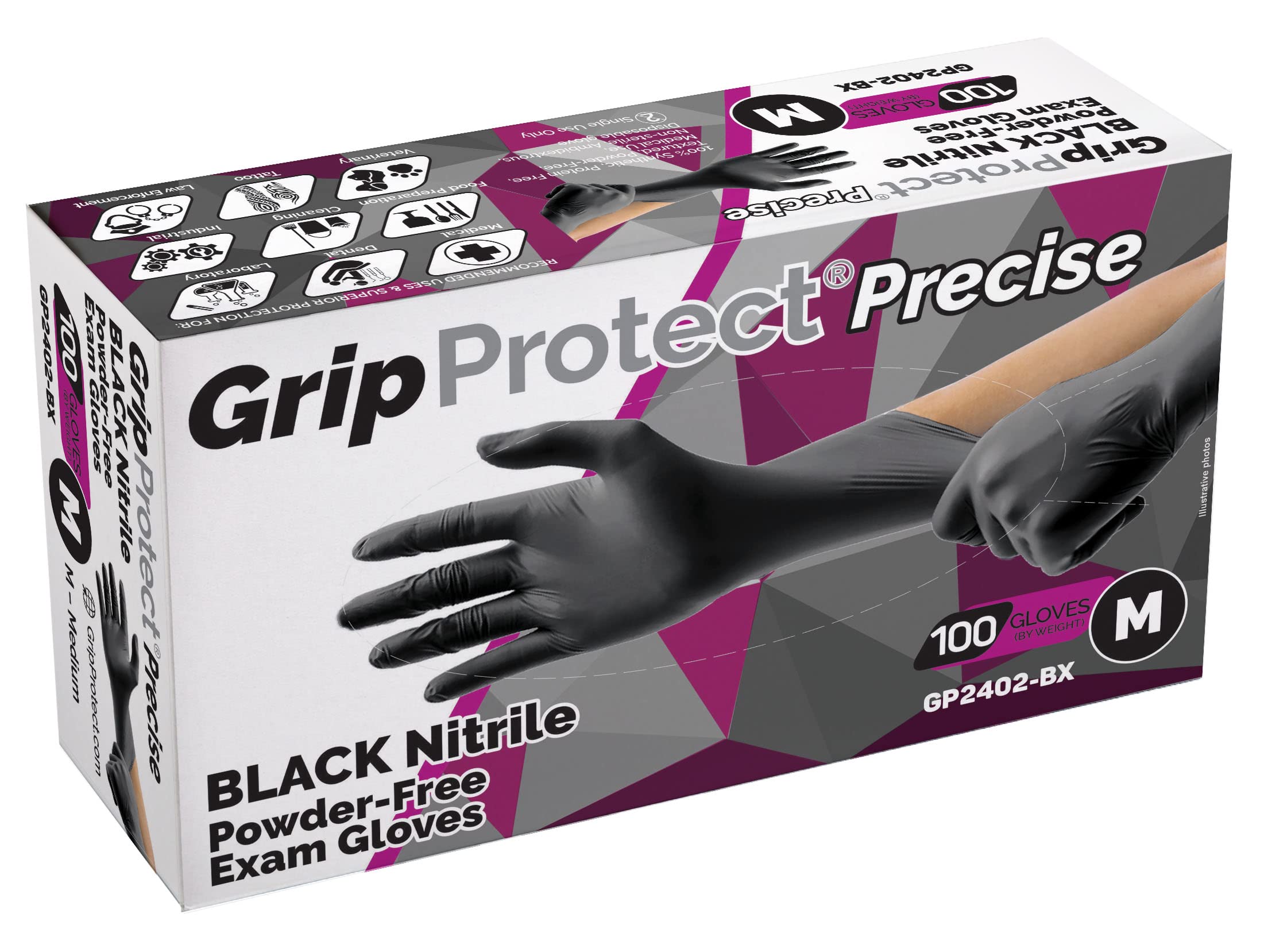 GripProtect® Precise Black Nitrile Gloves, Exam, 4 Mil, Food, Home, Cleaning, Medical/Dental, Tattoo (Medium, 100)