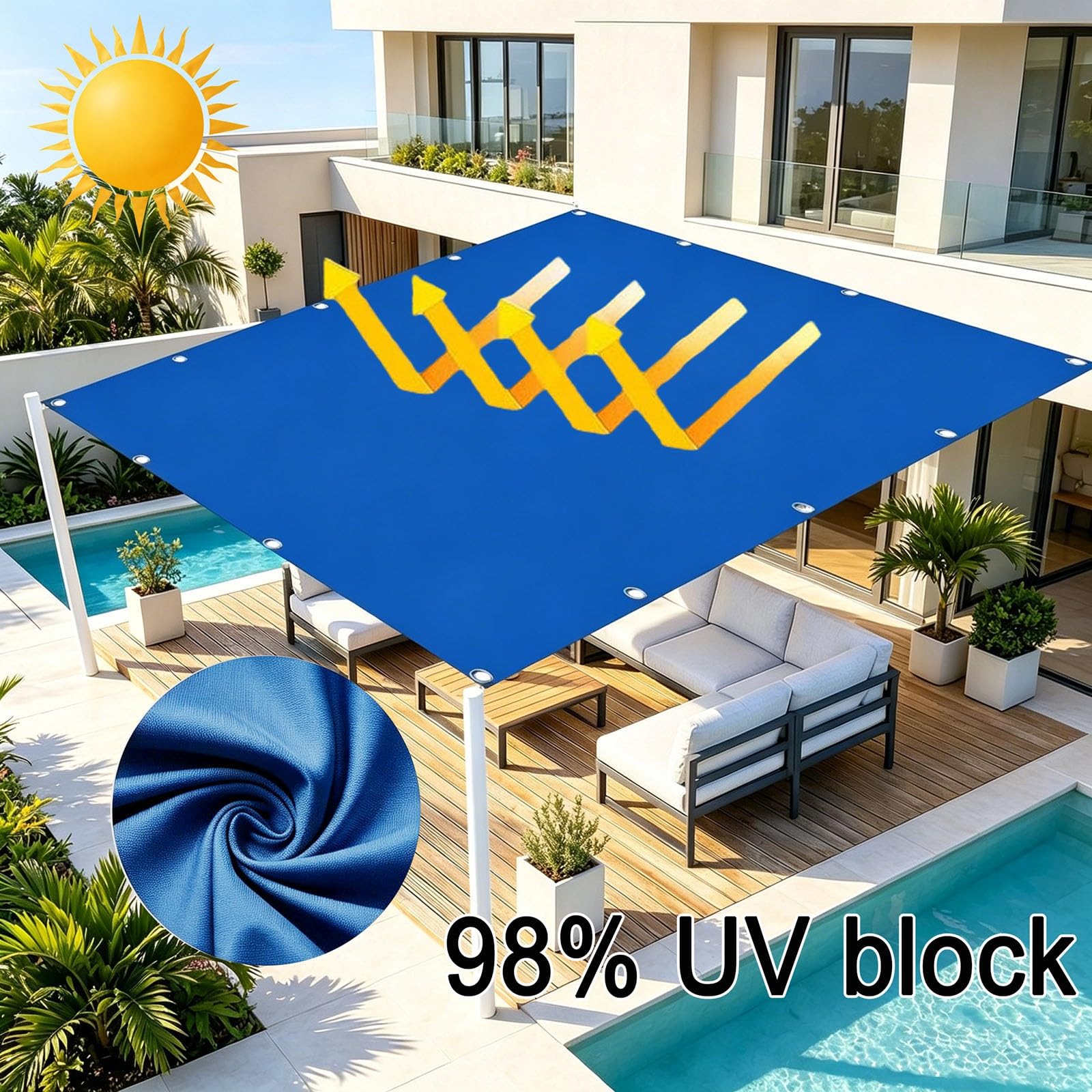 Voiles Ombrages Rectangulaire 530 x 540 cm 98% UV Protection PES Résistant à l'eau Rectangulaire Protection Solaire Durable Filet Solaire pour Patio Jardin, Bleu Foncé