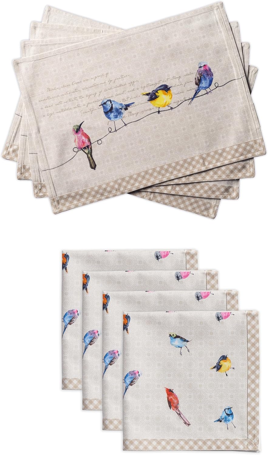 Maison d' Hermine Birdies on Wire Bundle Set 100% Cotton Set of 4 Napkins (20 Inch by 20 Inch) and Set of 4 Place Mats (13 Inch by 19 Inch)