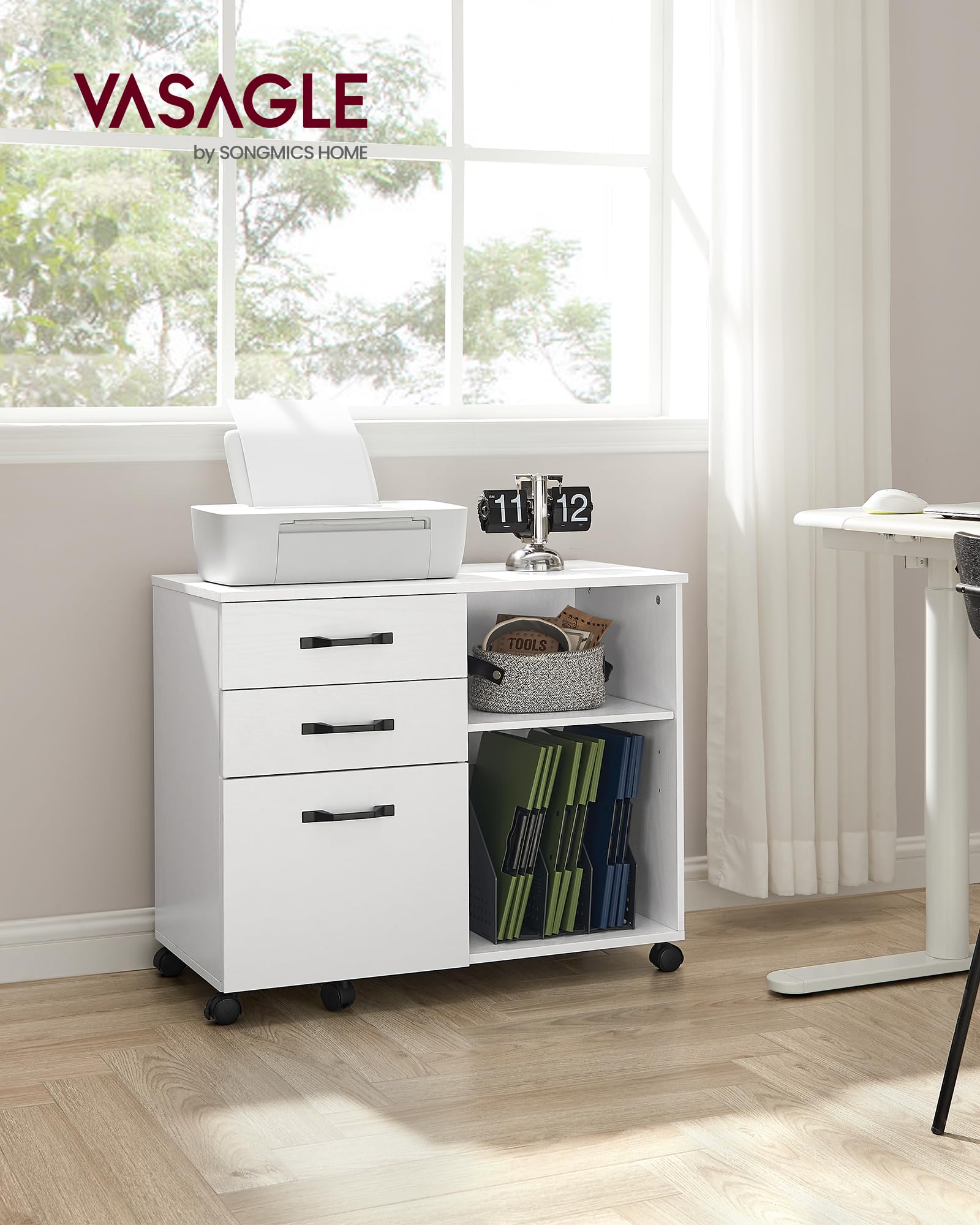 VASAGLE Rollcontainer, Aktenschrank, mit 3 Schubladen und Rollen, offene Fächer, für Dokumente in DIN A4-, Letter-Format, Druckerständer, Industrie-Design, weiß mit Holzmaserung OFC041W46