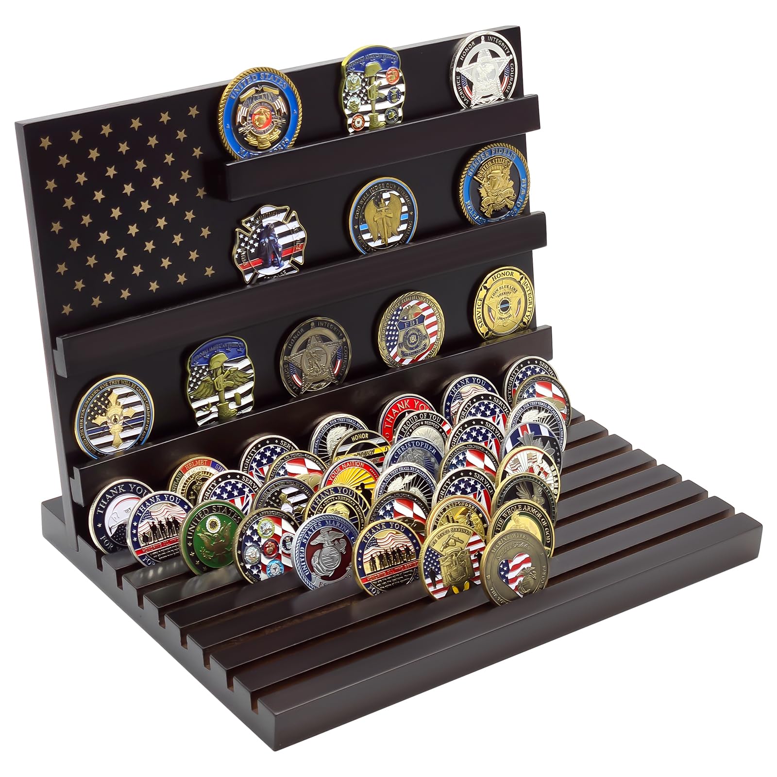PiaoHao Challenge Coin Display, Military Coin Holder Display, Solid Wood 11 Rows Holds 80 Coins, Deep Grooved Anti-Slip Design, Collector Grade Desk