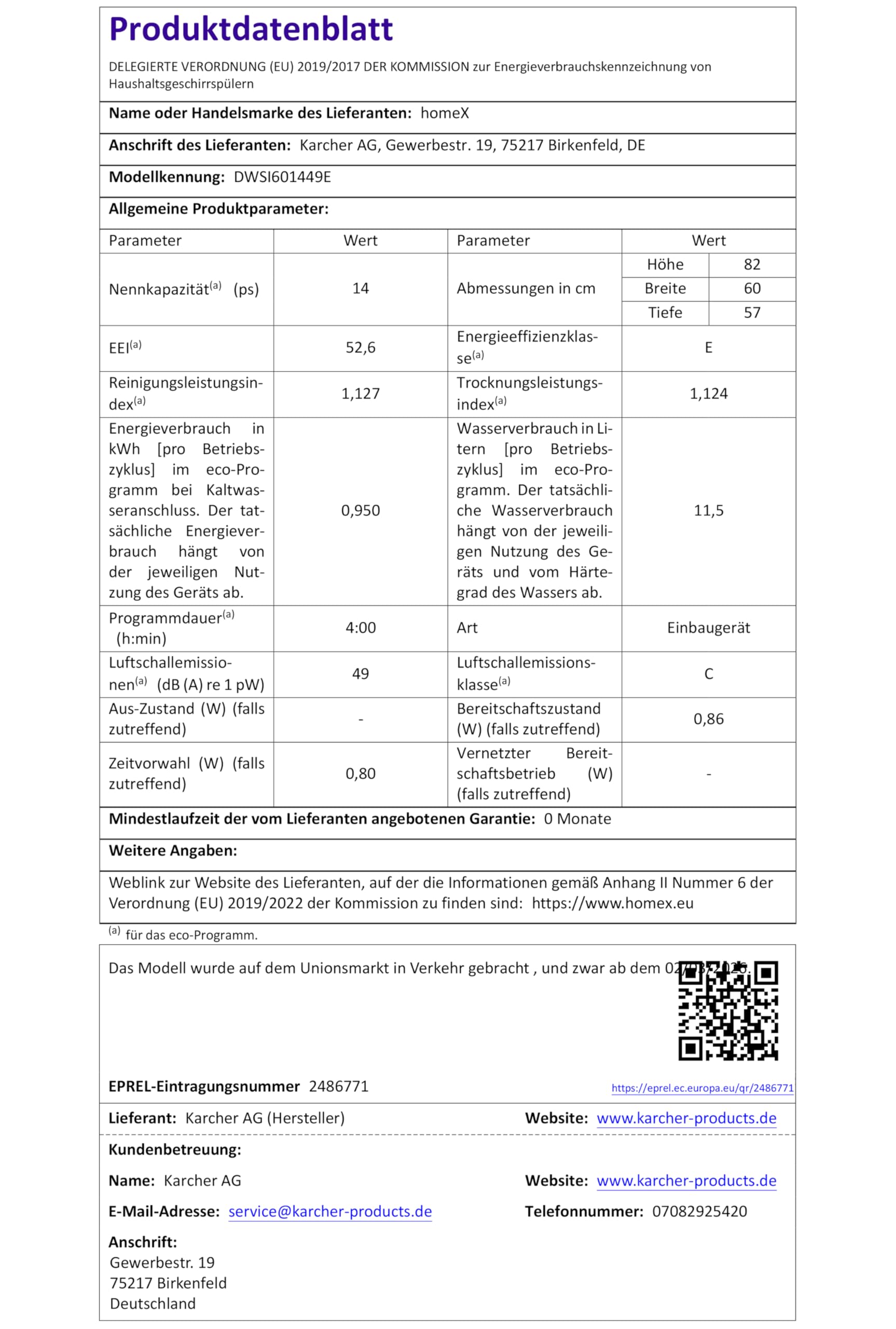 homeX DWSI601449E Geschirrspüler 60 cm teilintegrierbar 14 Maßgedecke 6 Programme AquaStop 49 dB Touch Control Einbaugeschirrspüler