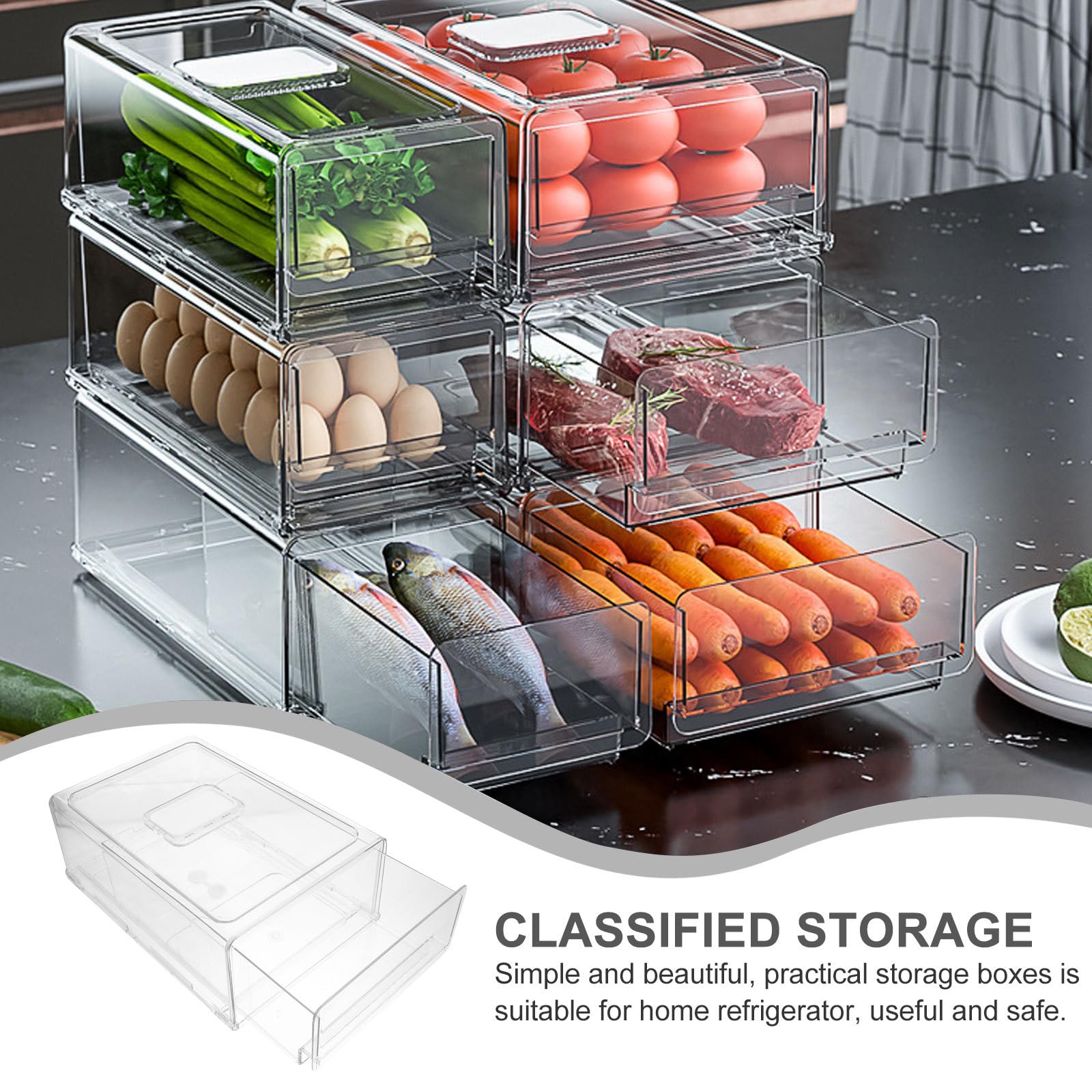 VALICLUD Caja Organizadora para Cocina Diseño Apilable y Cajón Extraíble de Plástico Blanco para Refrigerador Doméstico, Almacenamiento Práctico de Alimentos y Frutas
