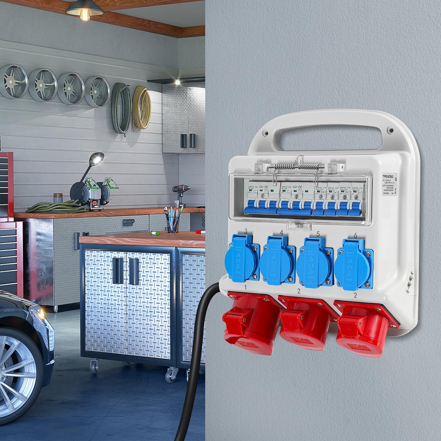 Distributore di corrente da costruzione, 2 x CEE 400 V/16 A, 1 x CEE 400 V/32 A, 4 x 230 V, con interruttore automatico, con cavo di alimentazione da 1,2 m, per cantieri