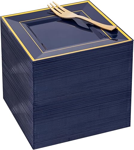 Vista 15 de WDF 86 platos de postre de oro rosa de 6 pulgadas con 86 tenedores desechables de 5 pulgadas, elegantes platos de plástico cuadrados para el día