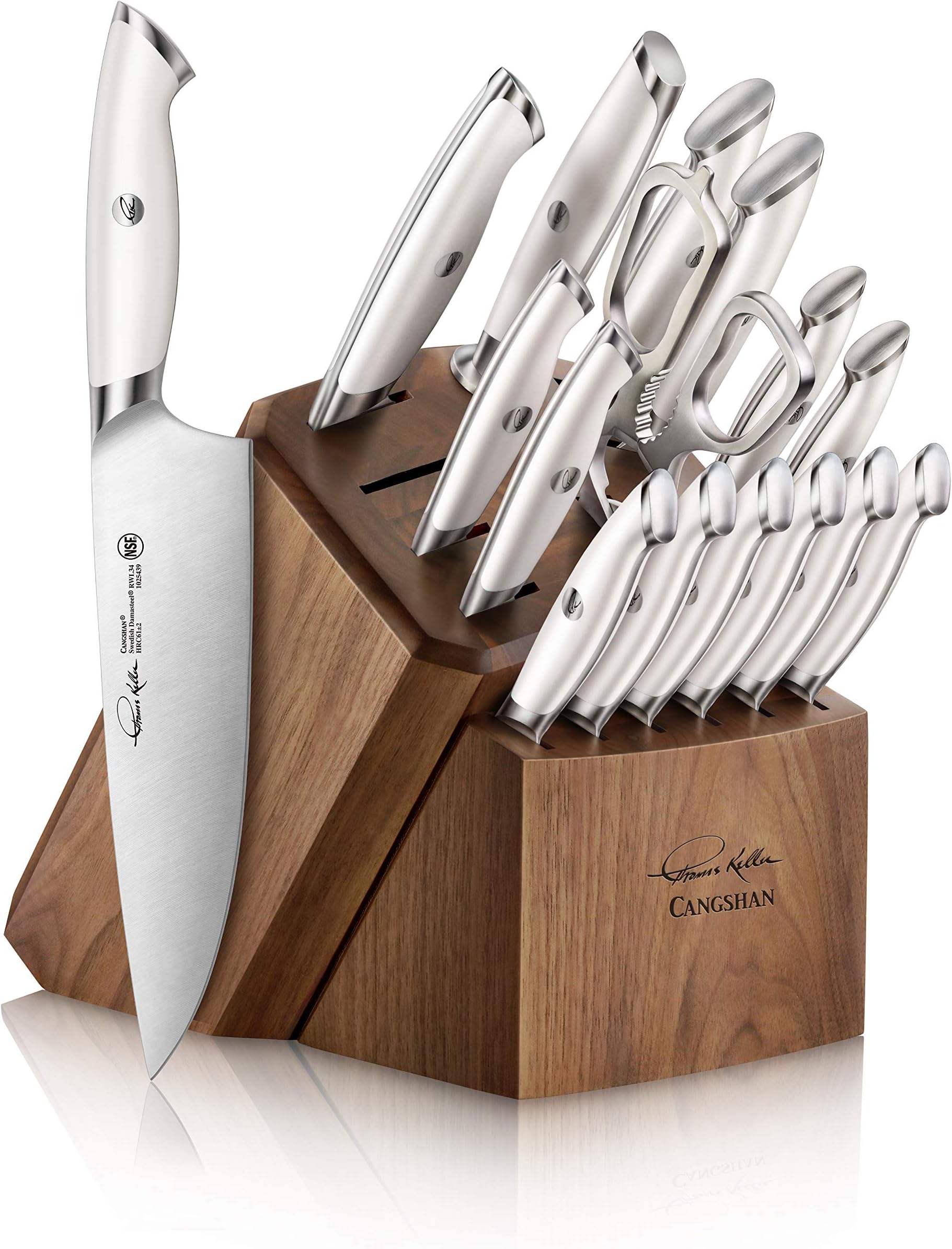 CangshanThomas Keller Signature Collection Swedish Powder Steel Forged, 17-Piece Knife Block Set, Walnut, White