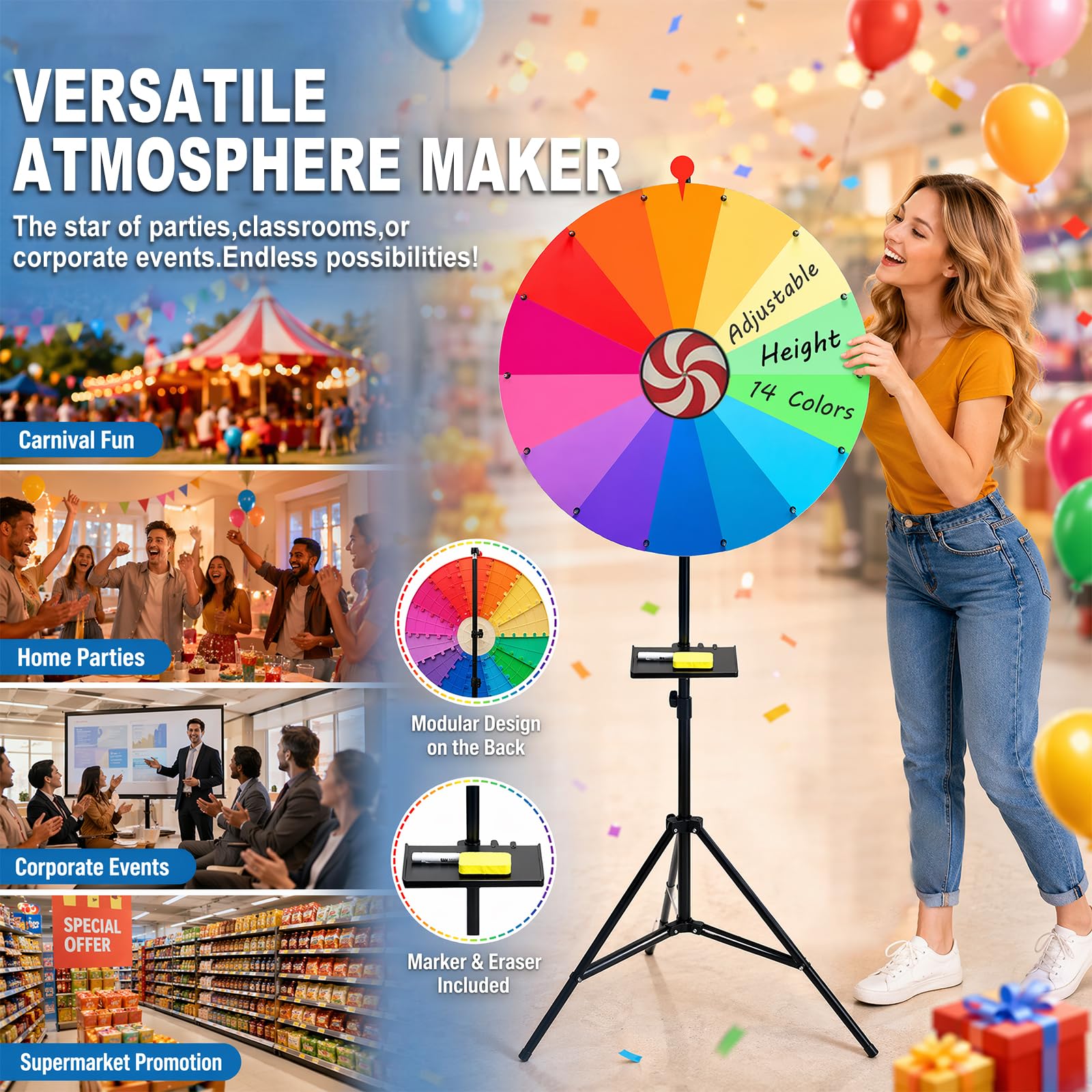 Generisch 61 cm Drehendes Preisrad, 14 Farben, Drehbares Kritzelspiel mit Löschbarem, auf dem Boden Stehend, Verstellbar von 94 cm - 165 cm, Verstaubares Glücksrad mit Ablage