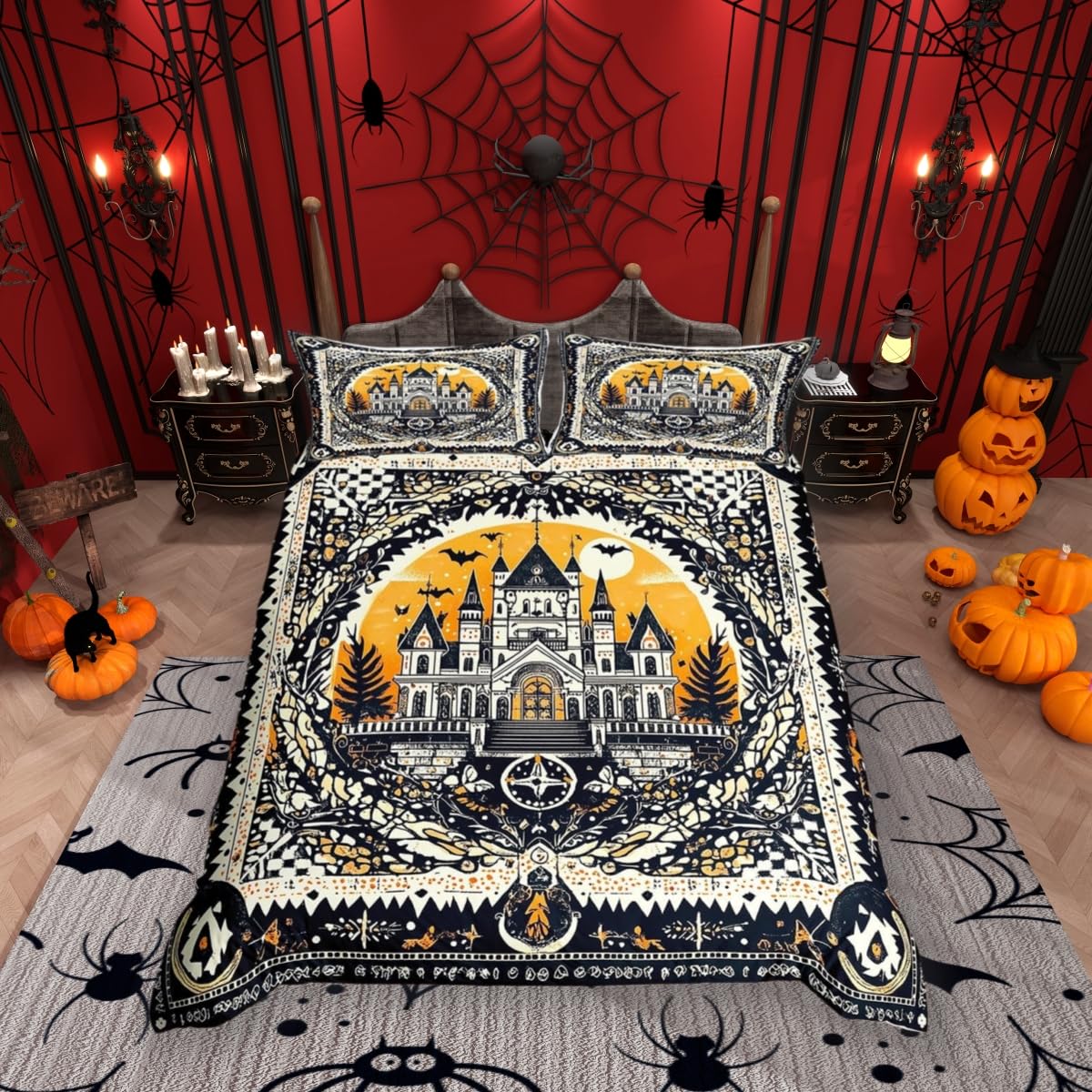 feelingyou Gothic Castle King Size Duvet Cover,Halloween Mystic Boho Princess Style Yellow Black Duvet Cover for Adults Teens,Exotic Bat Moon Sky Geometric Patchwork Bedding Set(No Comforter),3Pcs — image 1