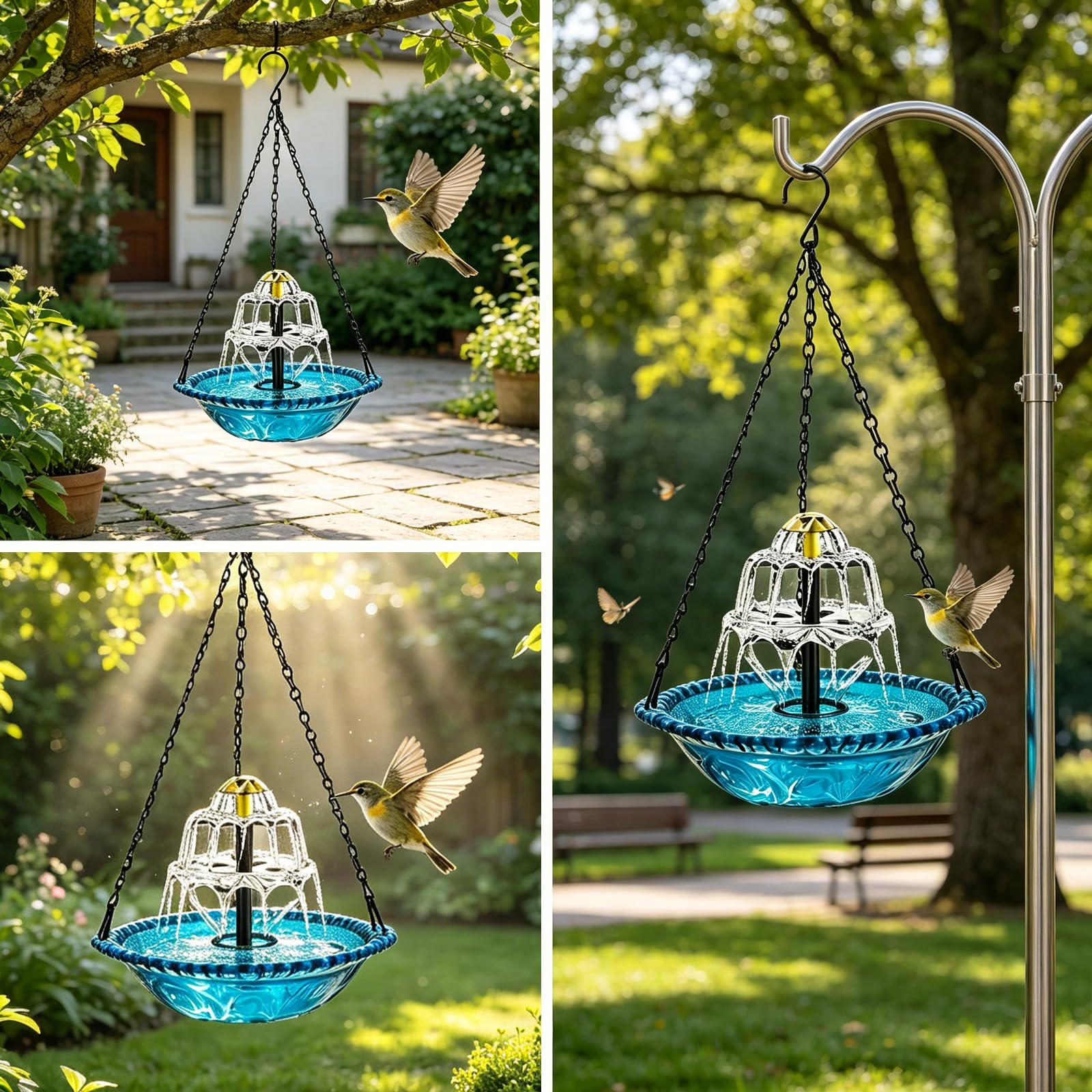 Bain d'oiseaux suspendu avec fontaine solaire, bain d'oiseaux, fontaine à suspendre, pour jardin, balcon, terrasse, avec chaînes en métal, décoratif, facile à monter, pour l'entretien des oiseaux en