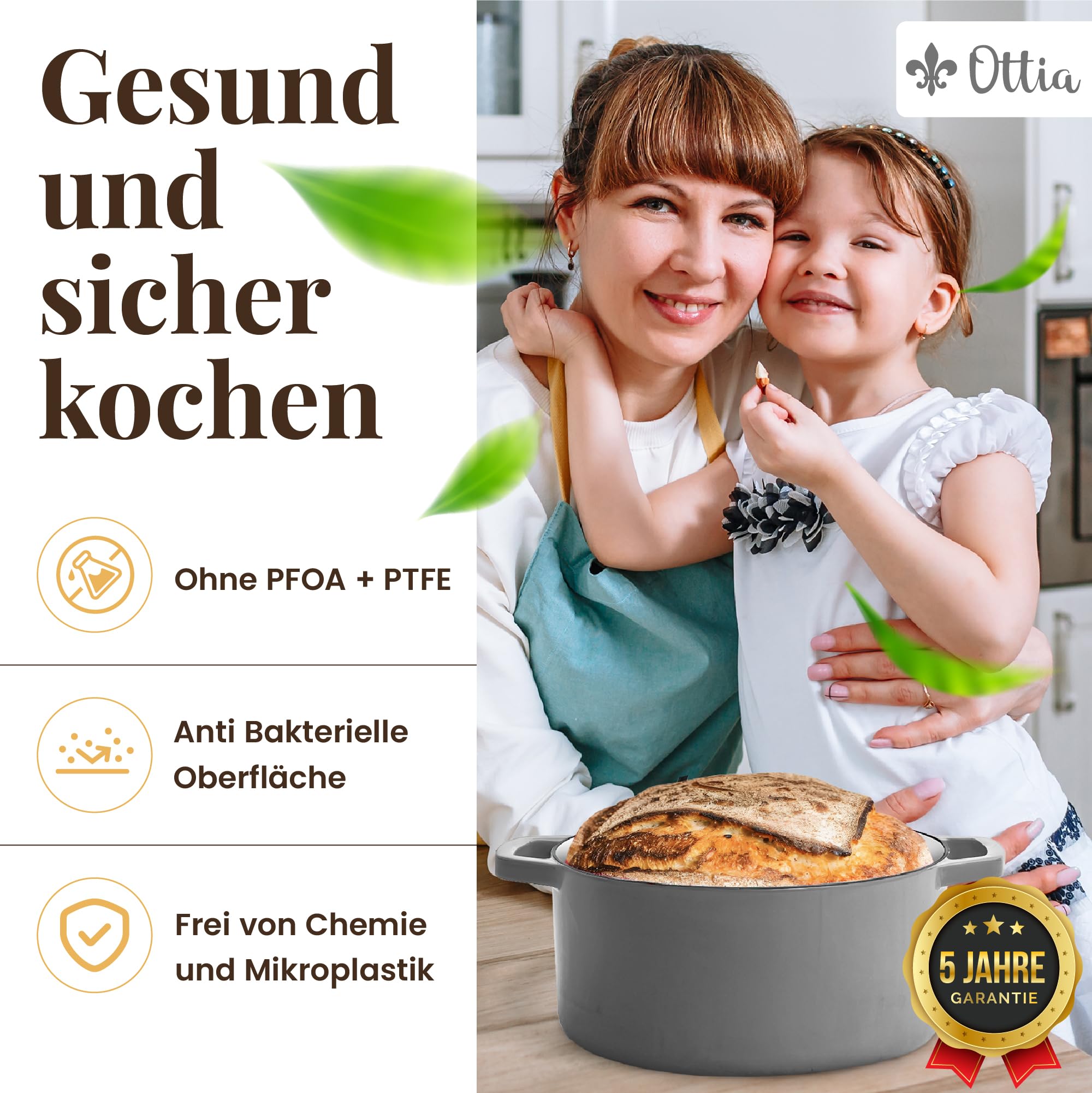 Ottia Cocotte en fonte, 26 cm, 5 litres, émail de qualité supérieure, cocotte avec couvercle, tous types de feux (y compris induction), passe au four