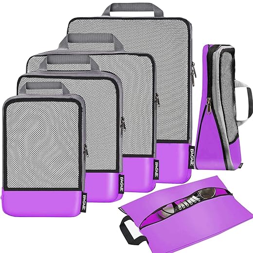 Bagail 4 Set/6 Set Compression Packing Cubes Travel Expandable Packing Organizers(Purple Mesh,6 Set)