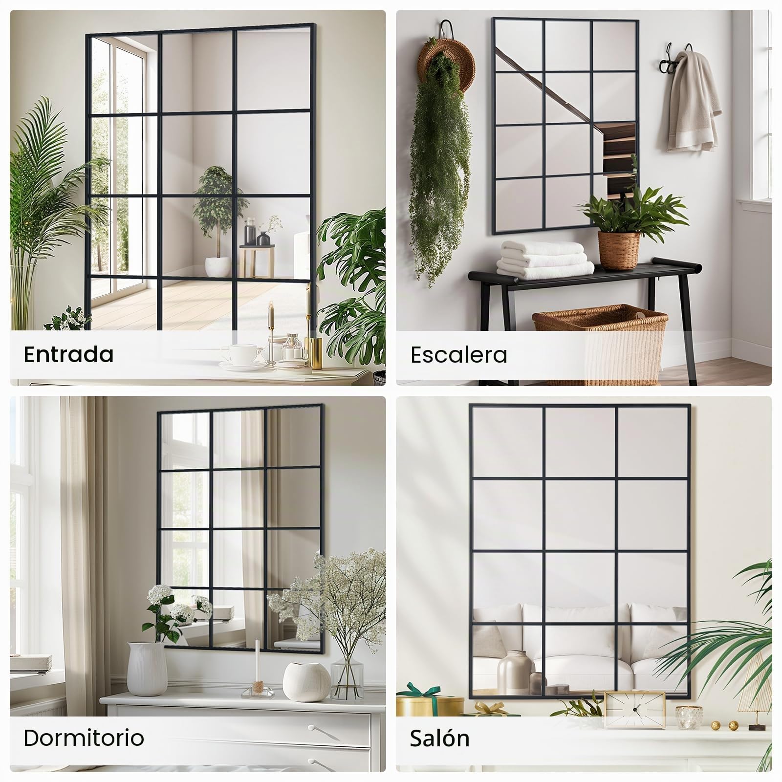 Espejo rectangular de 60x90 cm, espejo de ventana negro con marco de aluminio para colocar en la pared, espejo para decoración interior de sala de estar, pasillo, entrada, jardín al aire