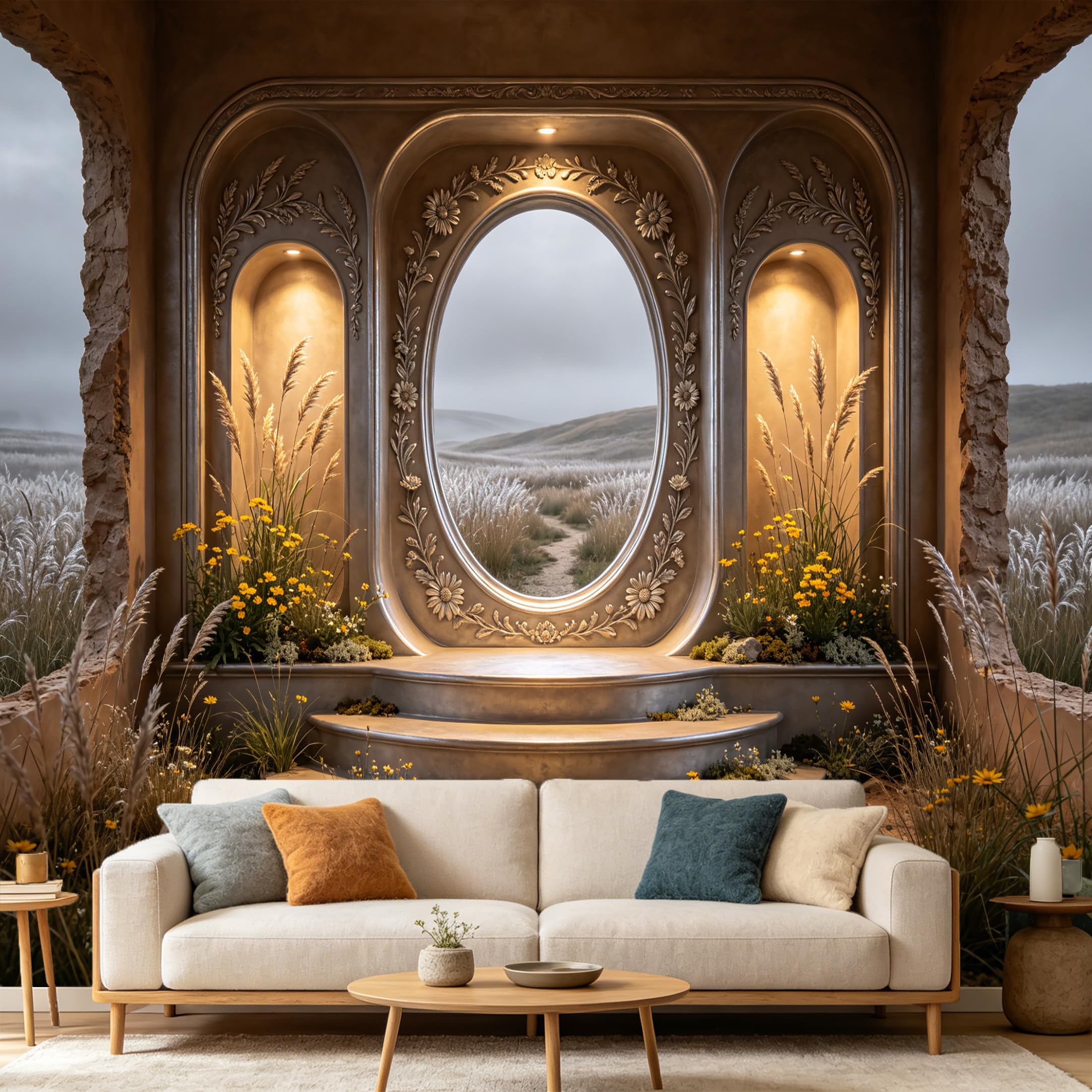 Custom Size Wall Mural， 3D Archway Landscape Wildflowers Meadow Silver Vintage Frame， SelfAdhesive Art Prints wall Fabric Removable Large Wallpaper Home Living Room Decor