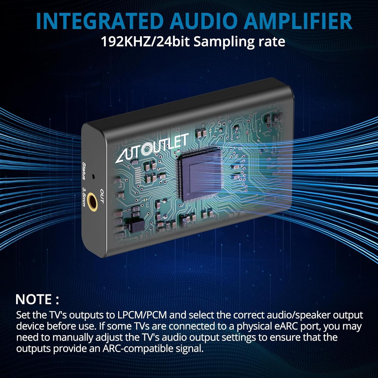 Internal view of the AUTOUTLET ARC Audio Extractor highlighting the 192KHz/24bit sampling rate