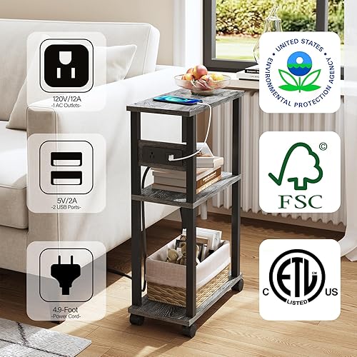 Miniatura 7 de TUTOTAK Mesa auxiliar pequeña y estrecha con estación de carga, juego de 2 mesas auxiliares delgadas para espacios pequeños, mesita de noche delgada