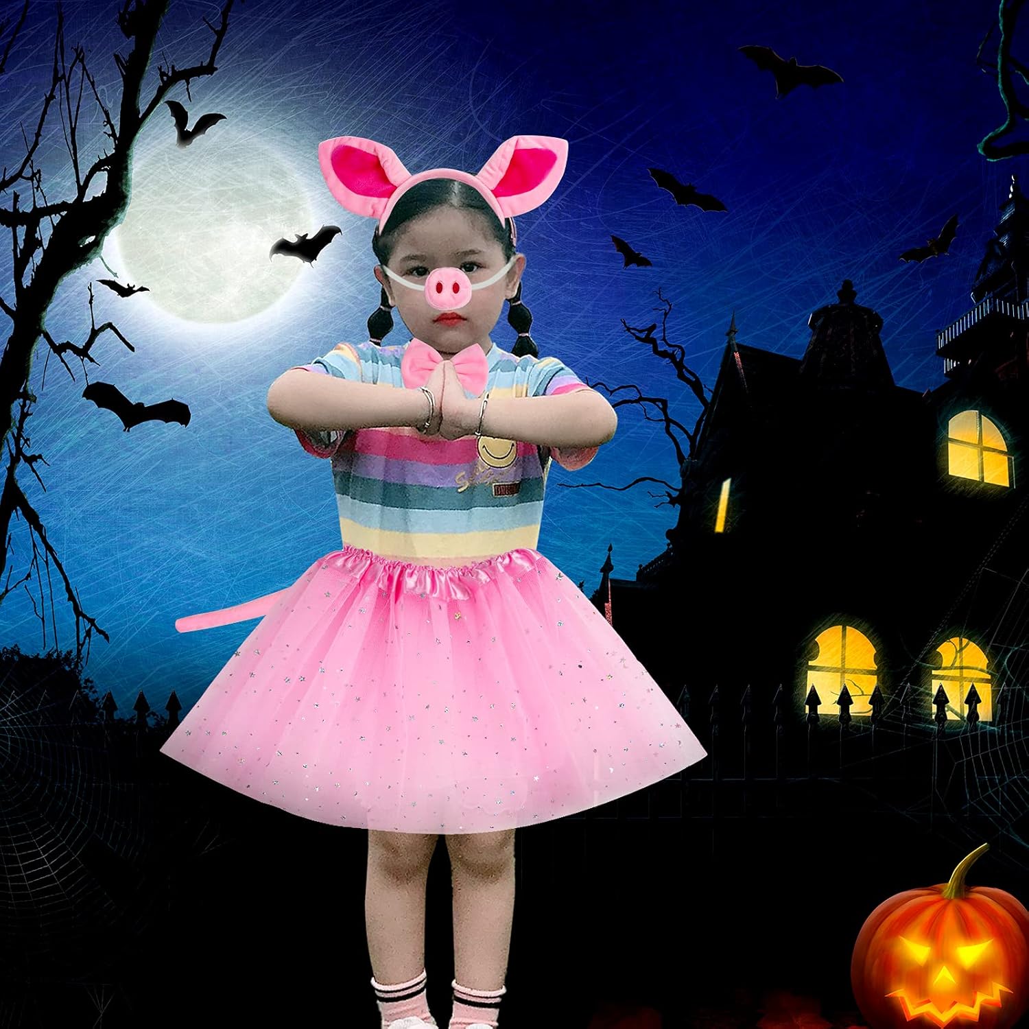 Kids Animal Fancy Pig Costume Set Pink Pig Ears Headband Nose Tail Bow Tie Tutu Skirt for Christmas Halloween Dress Up Cosplay Party - Image 6