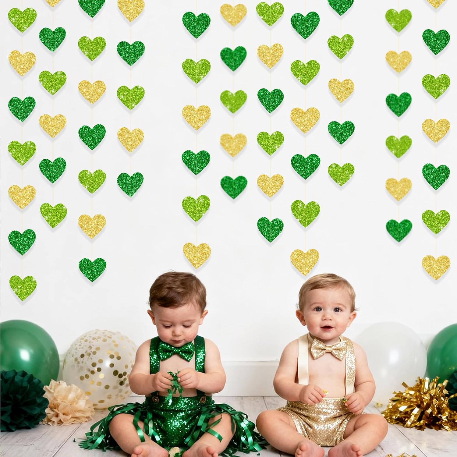 Gold and Green Heart Party Decorations Glitter Paper Love Heart Hanging Banner Streamer Garland for Birthday Wedding Valentines Day Spring Master Golf St Patrick's Day Christmas Holiday Party Supplies - Image 9