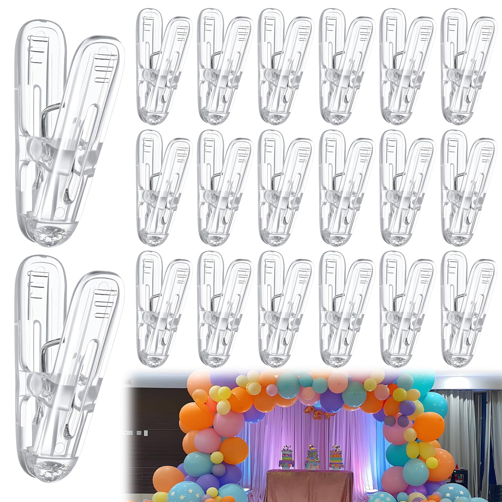 Ymapinc Paquete de 20 clips de arco de globos de plástico transparente, abrazaderas de resorte antideslizantes de 6 cm, abrazaderas de telón de fondo, clips de arco para telón de fondo de cortina y