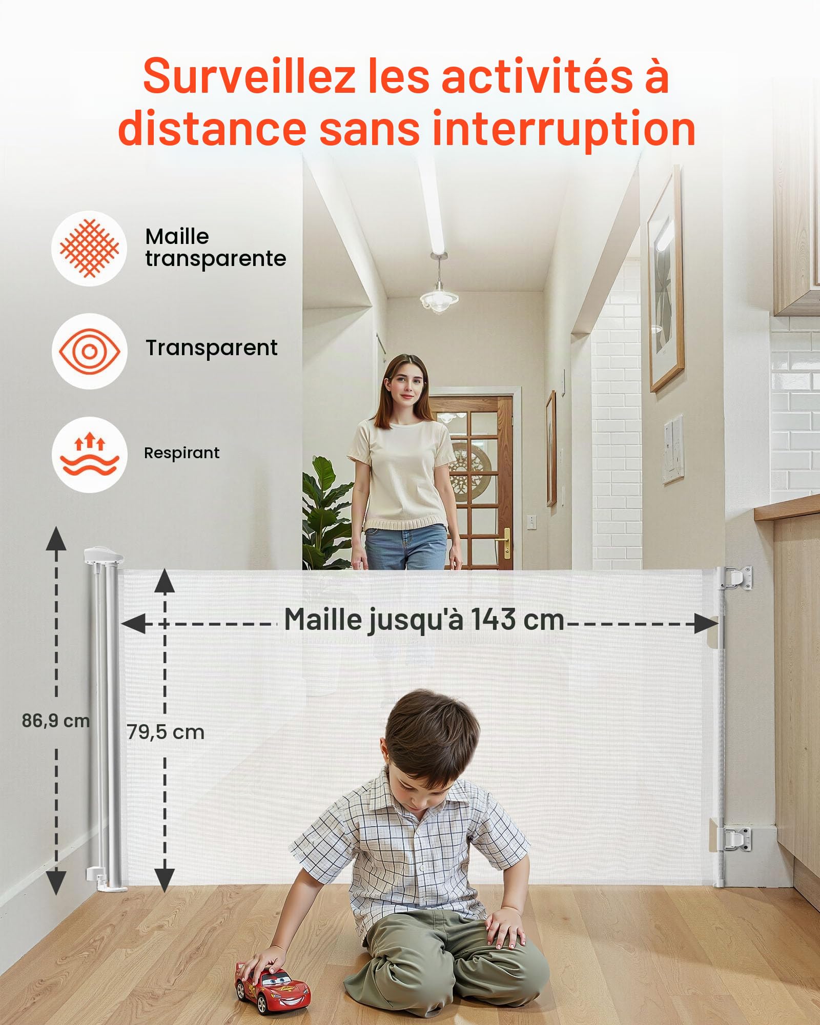 VEVOR Barrière de Sécurité Extensible, Clôture en Maille 143 cm de Large et 79,5 cm de Haut, Barrière Rétractable pour Animaux de Compagnie, avec Verrou de Sécurité, pour Couloir Escalier, Blanc