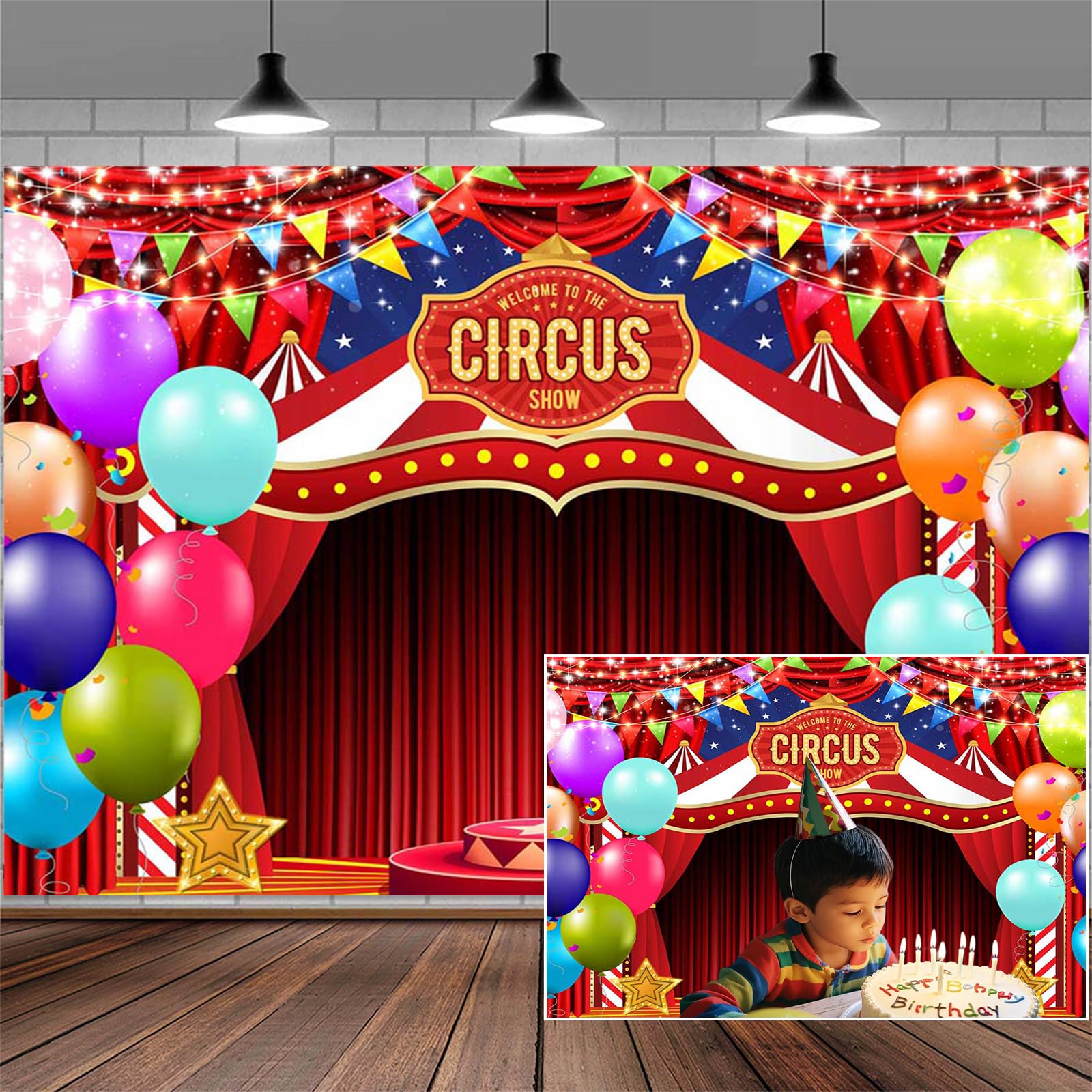 3,4 x 2,4 m sfondo rosso circo banner benvenuto al carnevale fondali fotografia circo tema bambini compleanno palloncino ritratto torta tavolo Decor Photo Booth puntelli studio fotografico sfondi foto