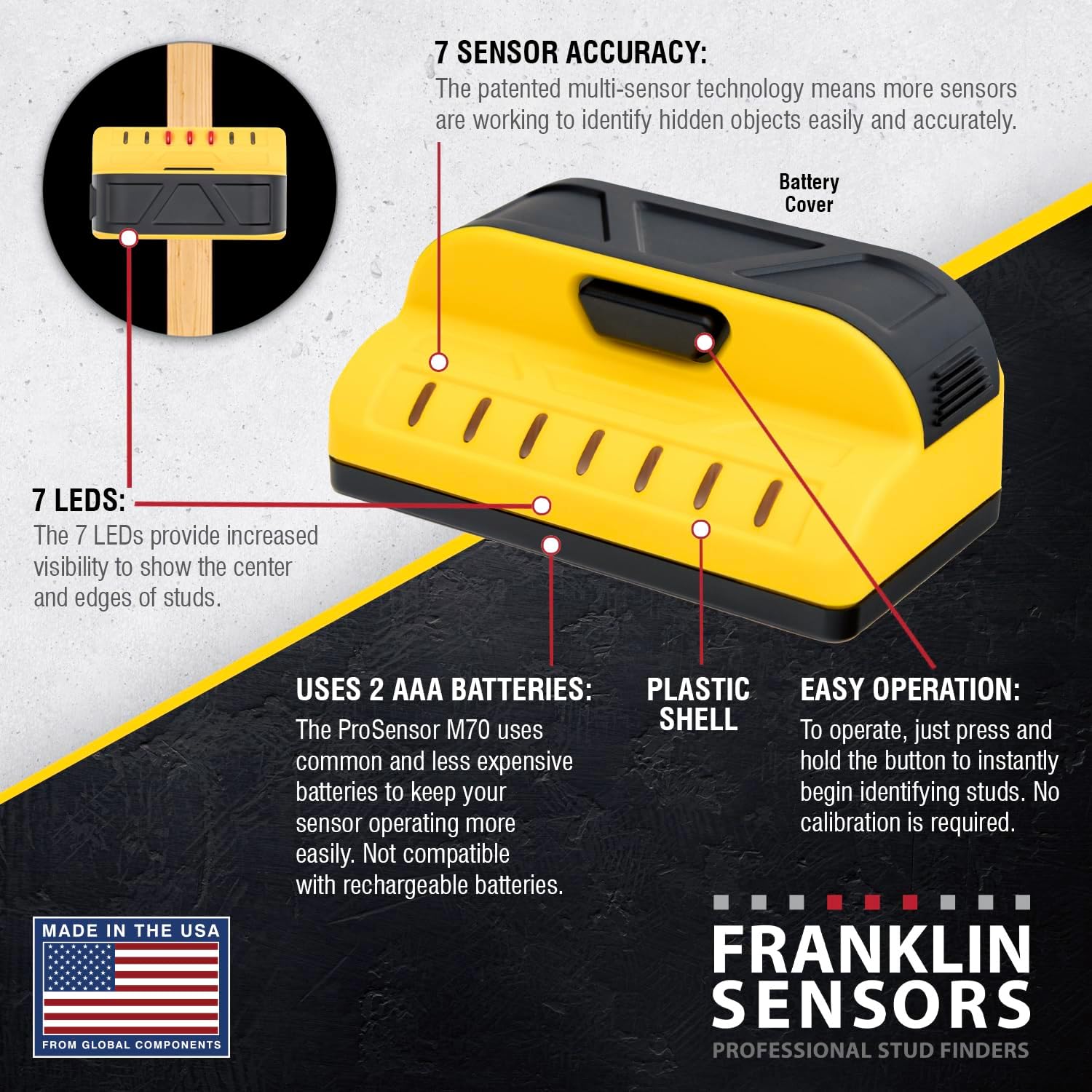 Franklin Sensors ProSensor M70 Stud Finder with 7-Sensors, Wood & Metal Stud Detector/Wall Scanner, Made in The USA