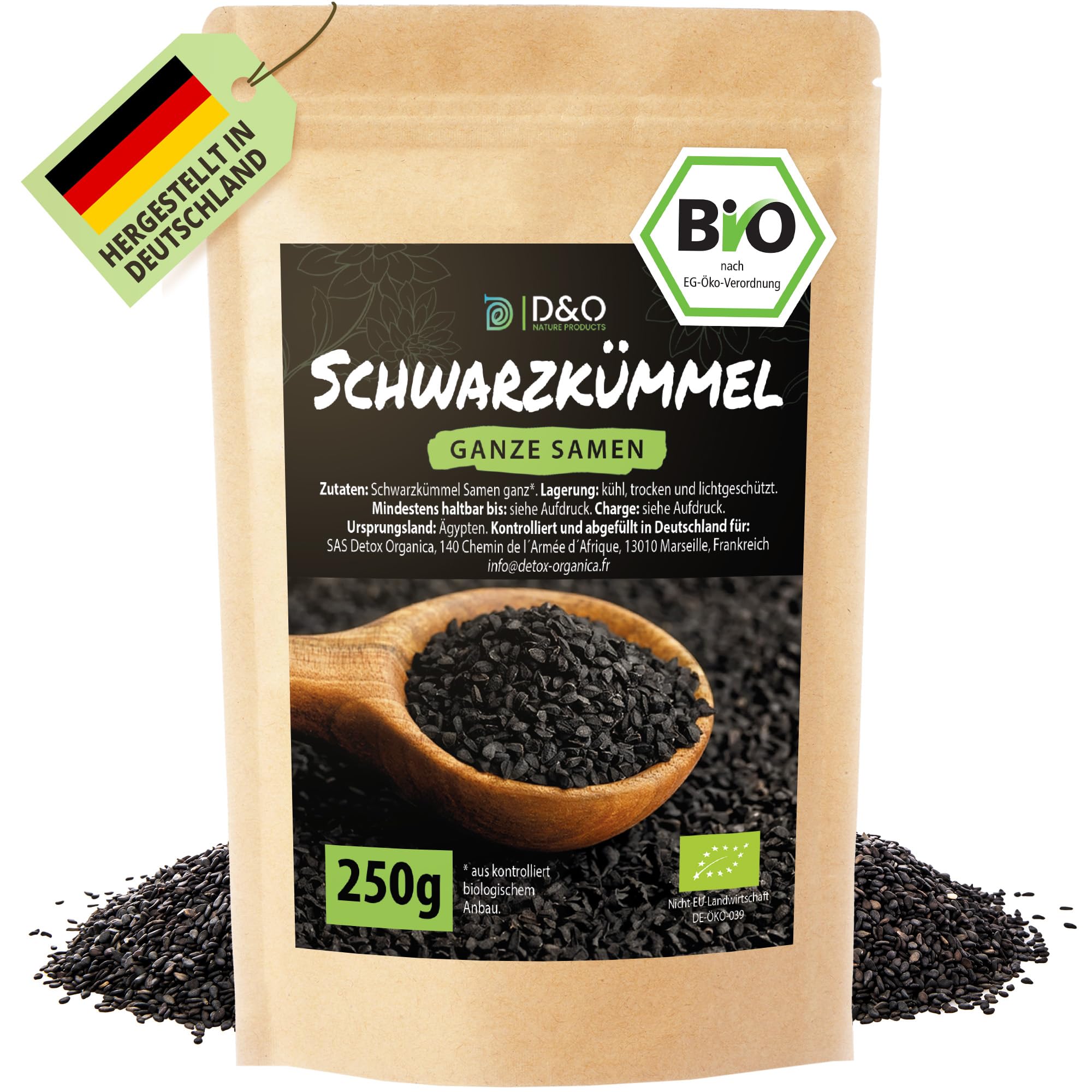 D&O Nature Products Schwarzkümmel Samen Bio, 250g ganze Schwarzkümmelsamen aus Ägypten, Nigella Sativa black cumin seeds, Echter schwarzer Kümmel Organic Bio zertifiziert