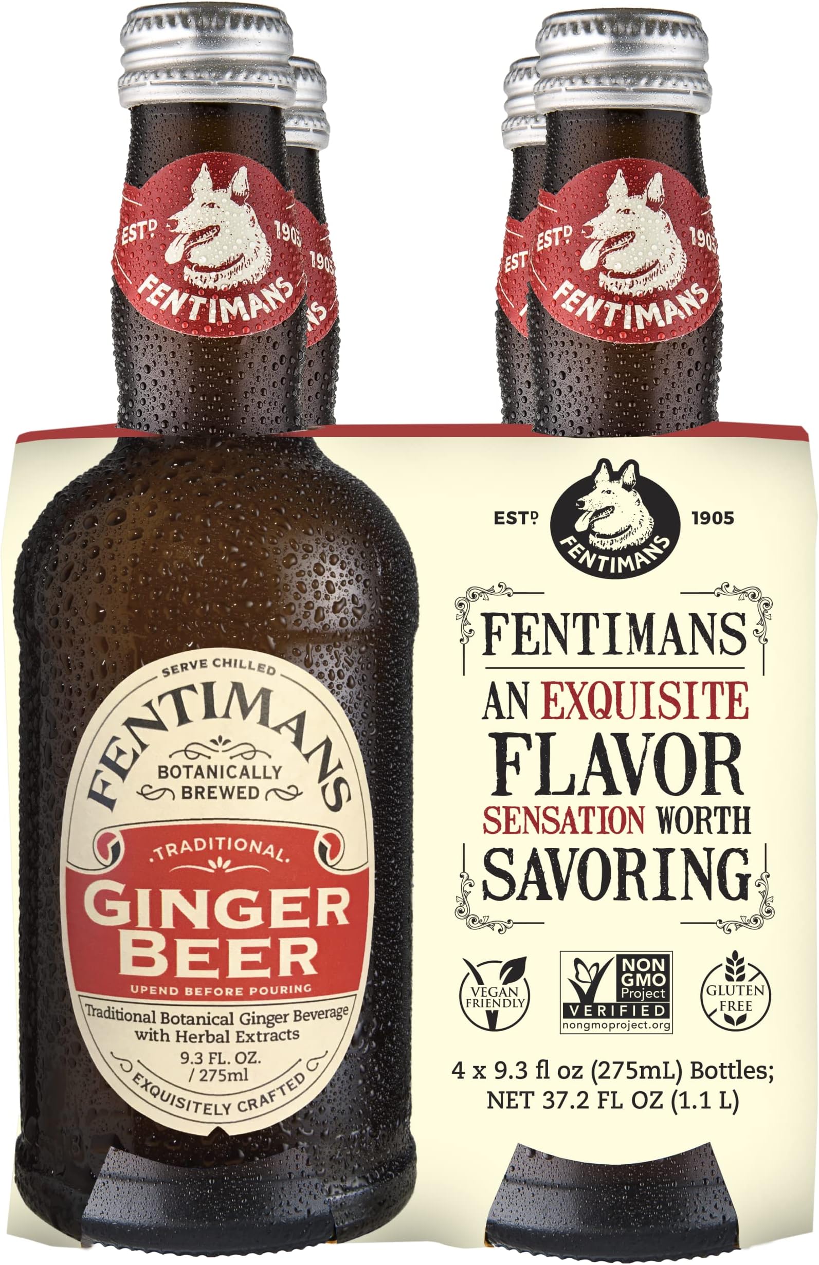 Fentimans Sparkling Ginger Beer - Ginger Ale, Ginger Beer Non Alcoholic, Craft Soda with Herbal Extracts & Natural Ingredients, Botanically Brewed - 9.3 Fl Oz (Pack of 4)