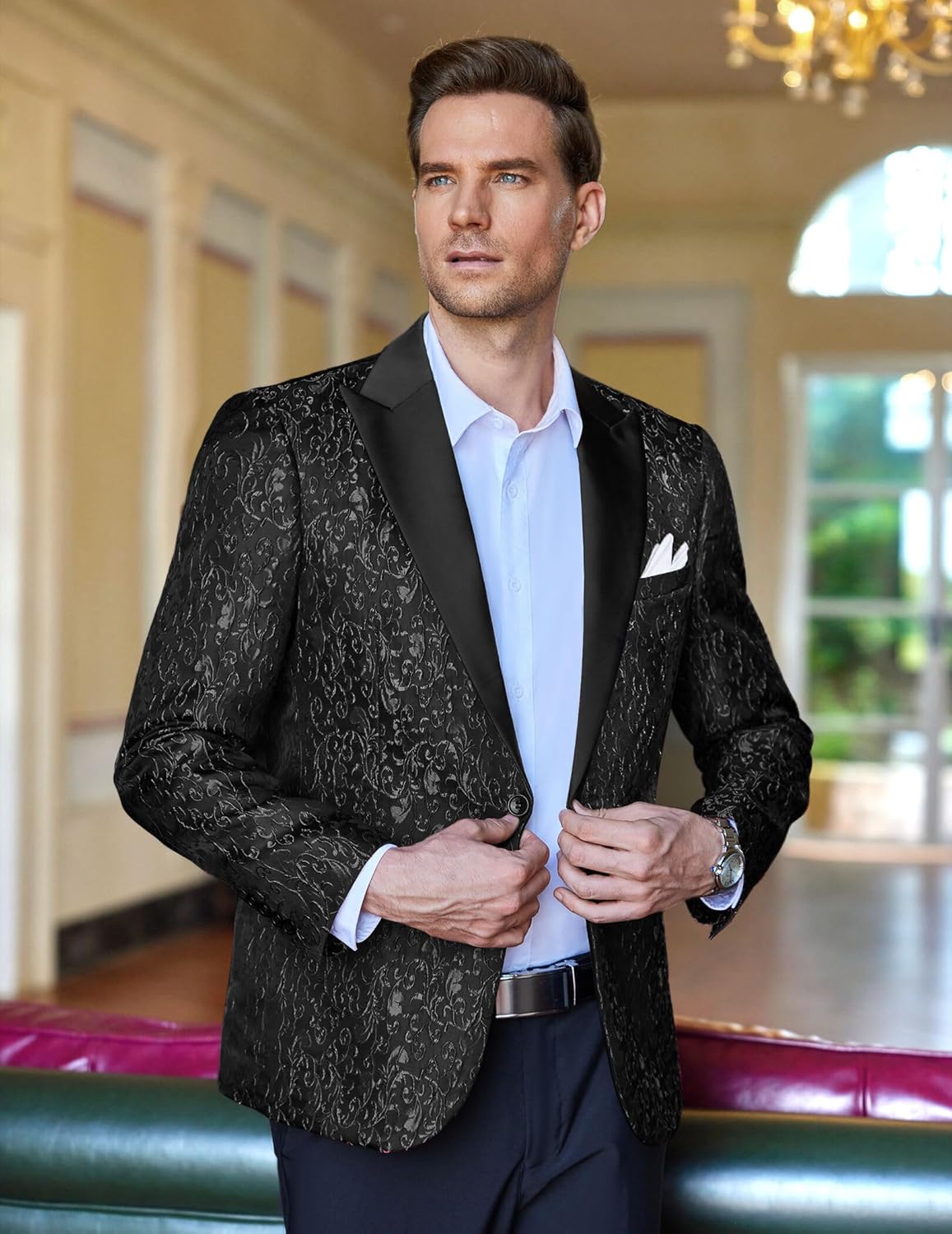 COOFANDY Mens Floral Tuxedo One Button Luxury Shiny Blazer Dinner Party Prom Wedding Suit Jacket - Image 3