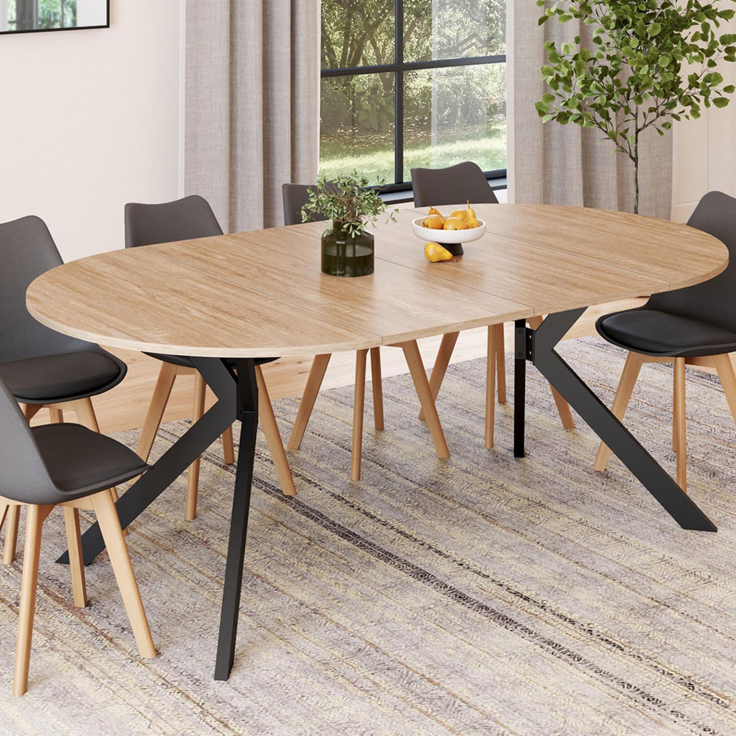 IDMarket - Mesa de comedor extensible redonda Alix 4-10 plazas con patas de araña de madera y negro 110-200 cm