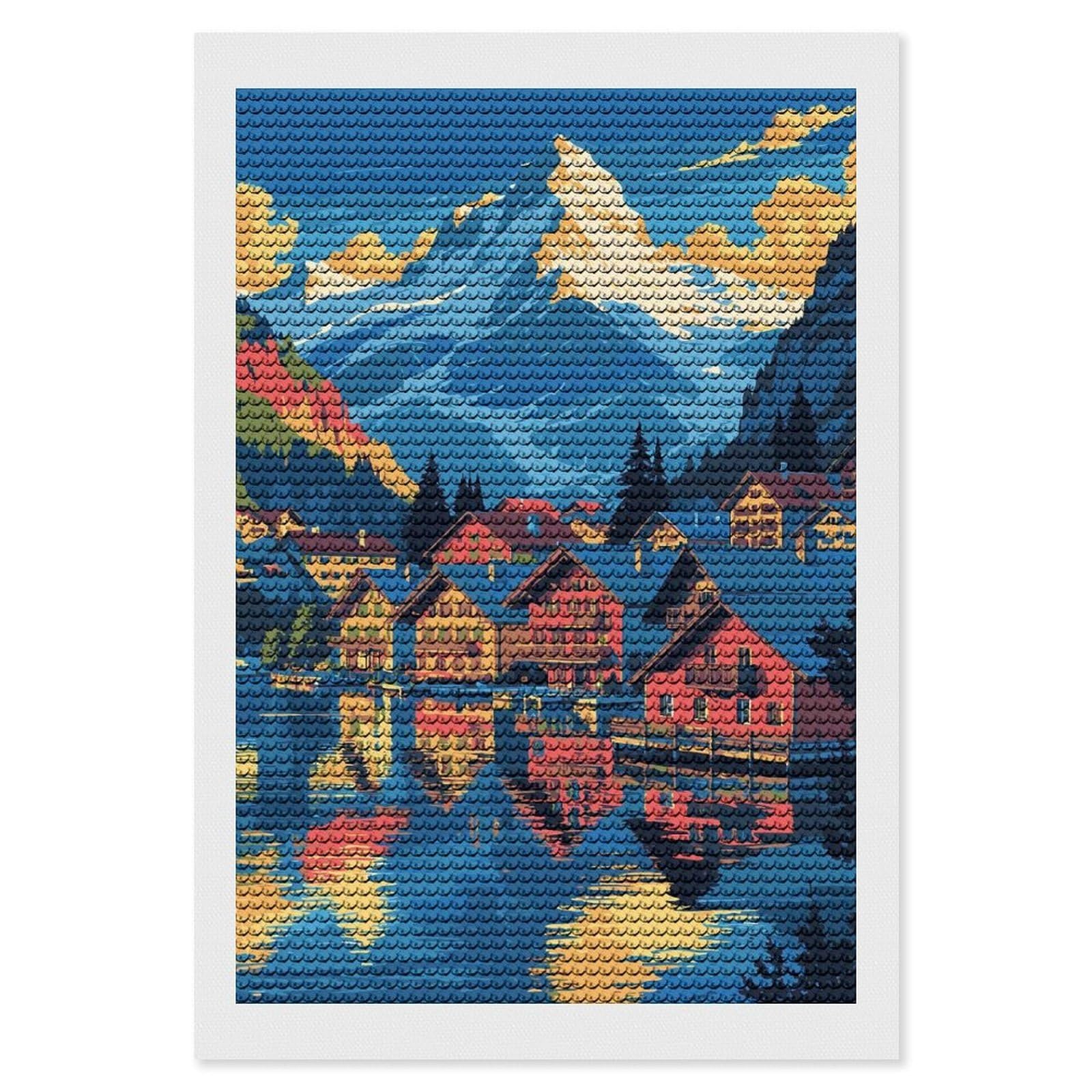 Junmoney Mountain Village Lake Reflection Art 5D Diamond Painting Kit 8"x12", Relaxing DIY, Mindful Craft Project, Full Kit Included, Thoughtful Present