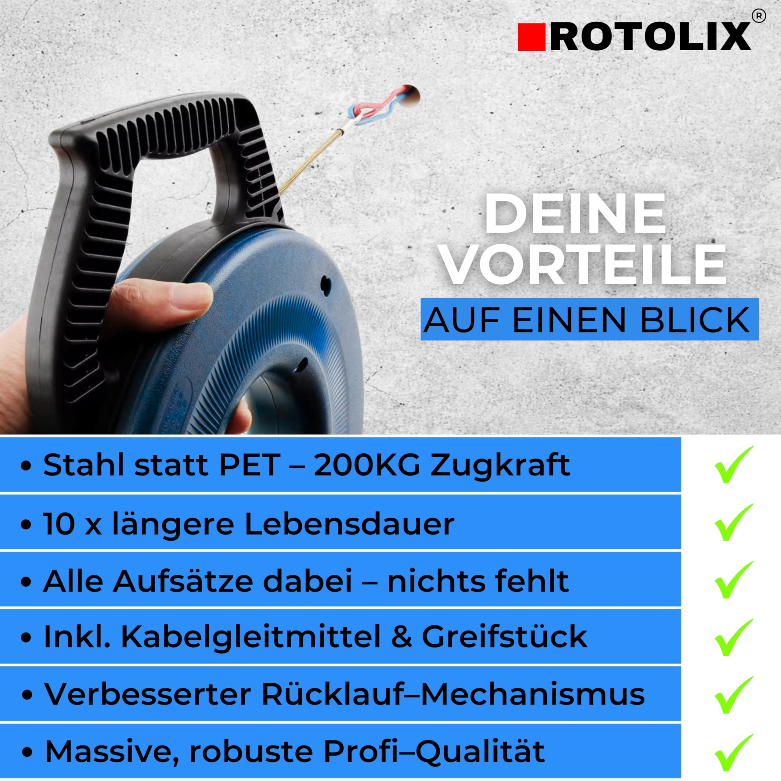 Kabeleinziehhilfe – Einziehspirale, 30m Kabel Einzugshilfe für Leerrohr mit Premium-STAHL-Seil & 200 KG Zugkraft | Einziehhilfe – Zugdraht für Elektro & Glasfaser