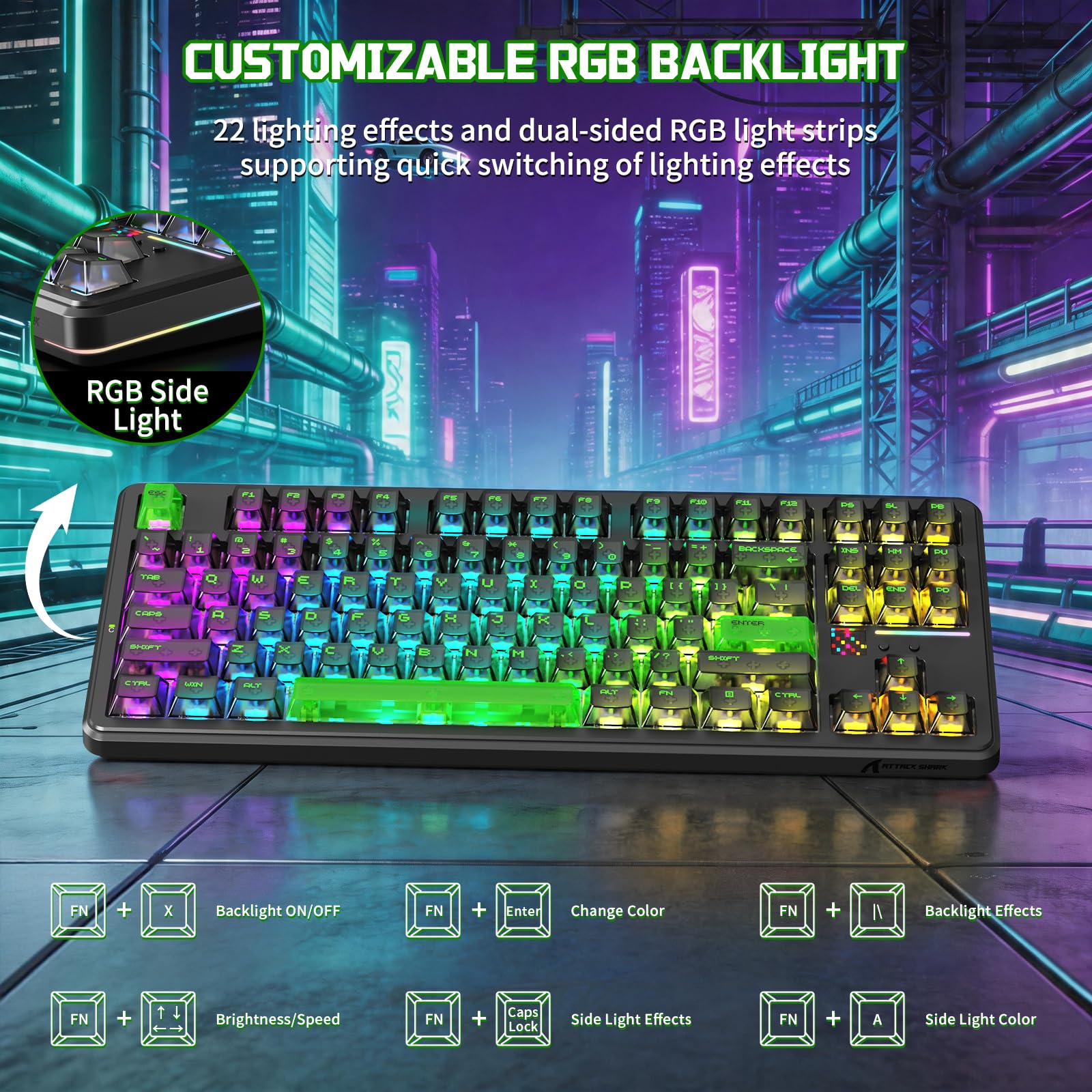 ATTACK SHARK X87 ULTRA Teclado Mecánico Inalámbrico Para Juegos Con Pantalla De Matriz De Puntos, BT/2,4 GHz/con cable, 75% Hot-swap, 10000mAh, RGB, Receptor Inalámbrico Shark Fin, PC/Mac, Shadow Jade