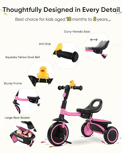 Miniatura 4 de Triciclo para niños de 18 meses a 5 años, triciclos plegables para niños de 3 a 5 años, triciclo para niños con asiento ergonómico ajustable y cesta
