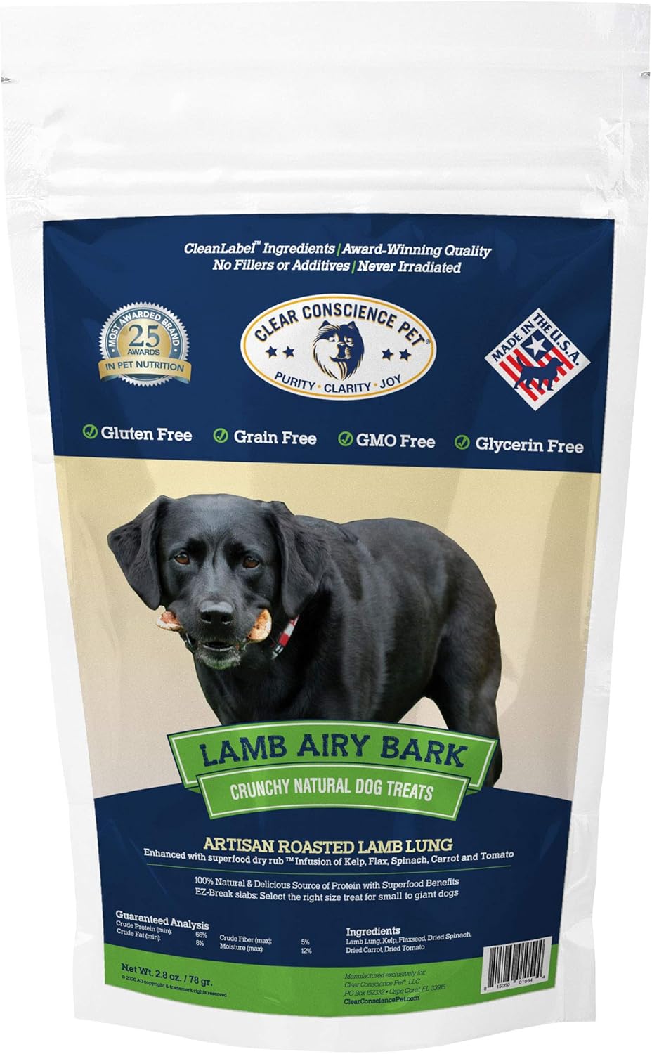 CLEAR CONSCIENCE PET Lamb Airy Bark™ Light Crunchy Lamb Lung Dog Treats, Dehydrated Training Bites with Kelp, Carrot, Tomato, Spinach and Flaxseed, High Protein Low Carb, Grain Free, USA Made, 8 oz